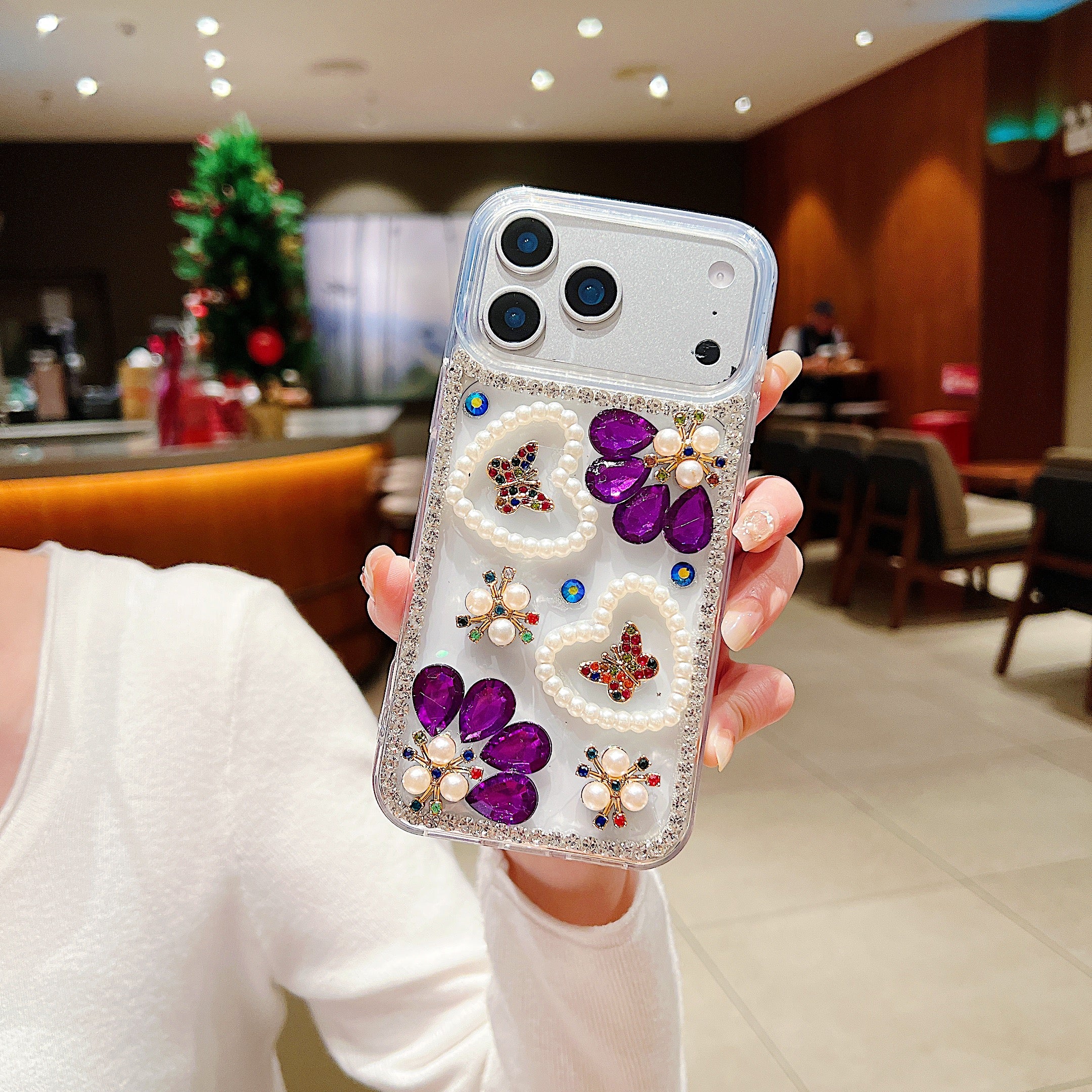 Royal Amethyst Flower Phone Case – Sparkly Diamond & Pearl 3D Floral Design For iPhone 17 Air