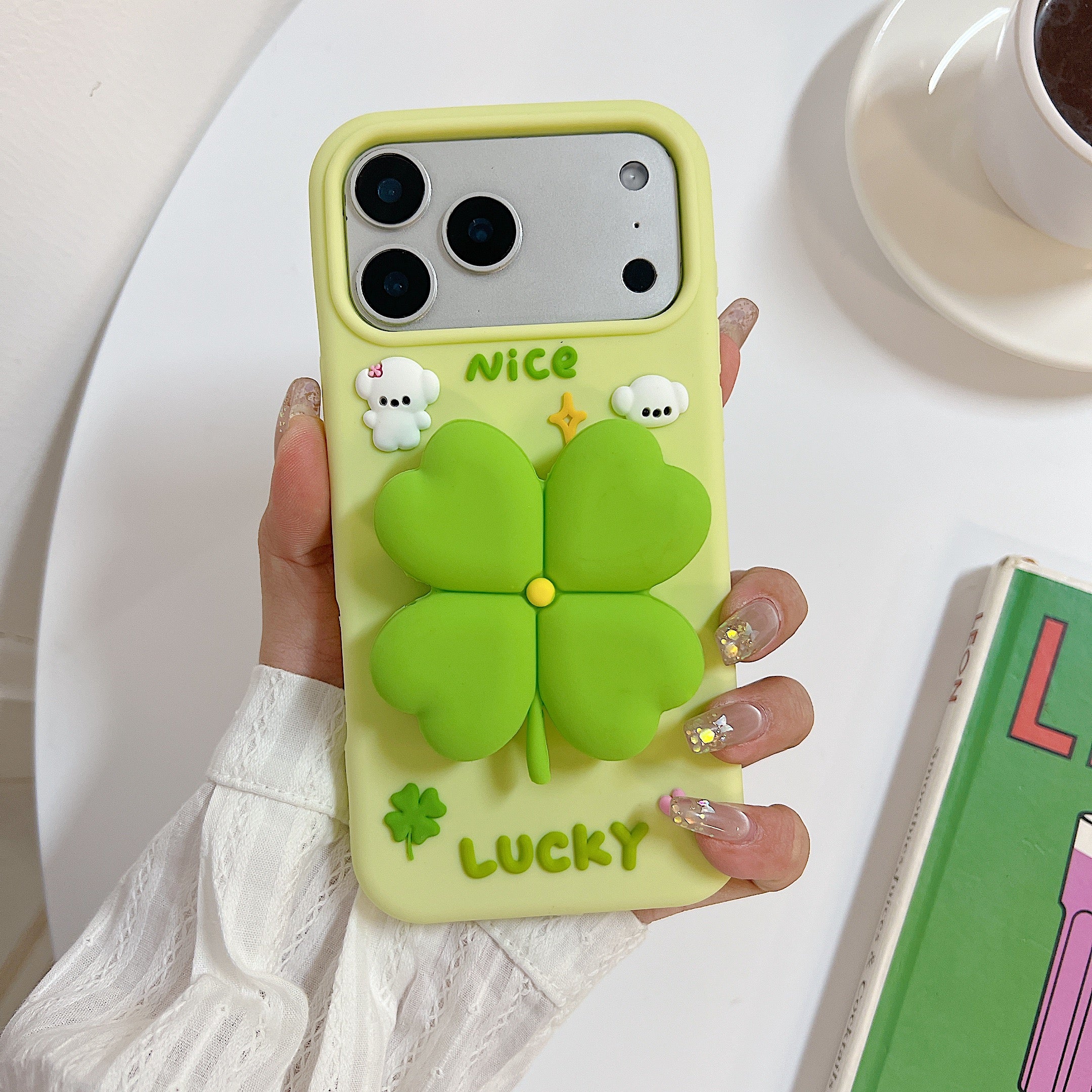 3D Green Clover 'Lucky & Nice' Cute Cartoon Design Silicone Phone Case For iPhone 16 Pro