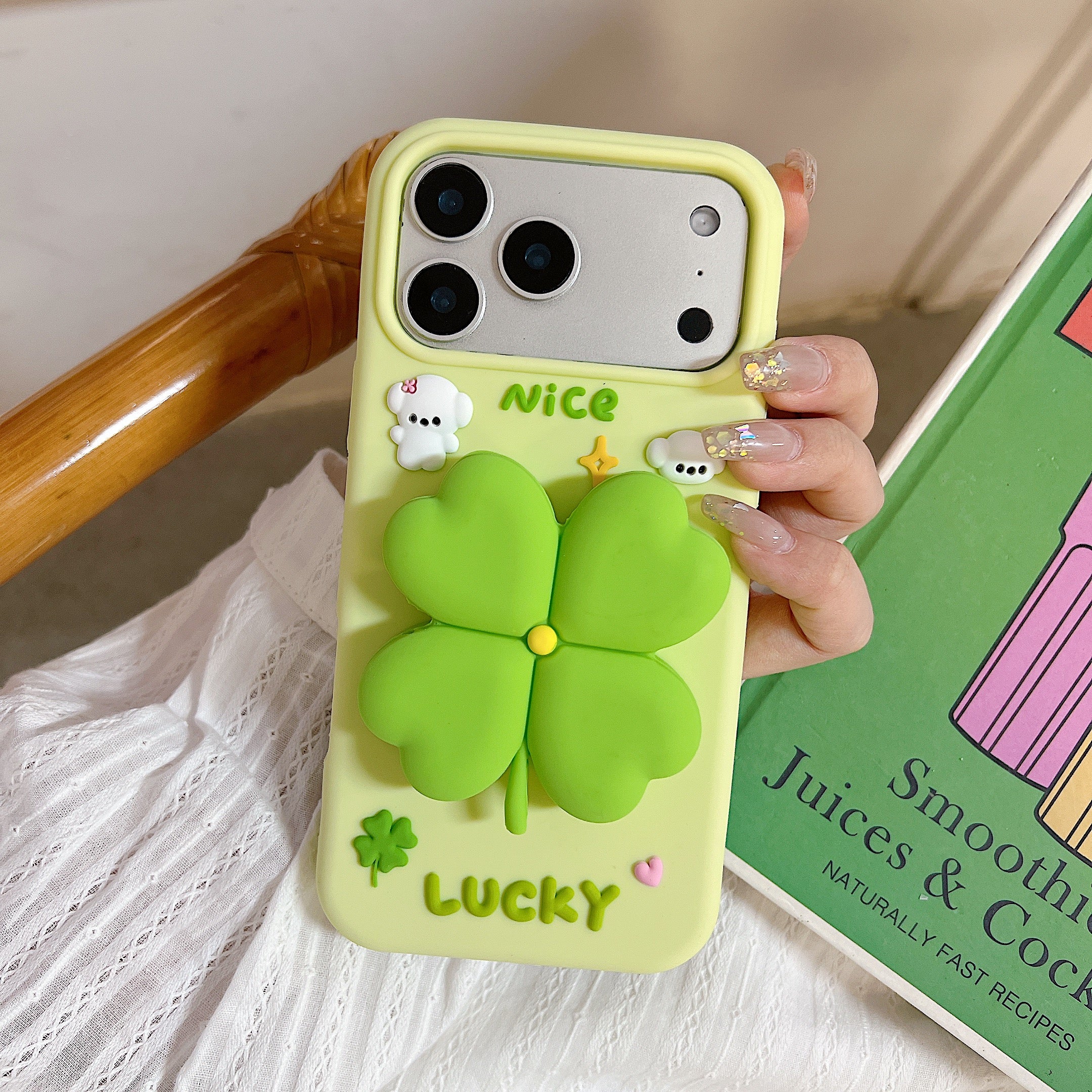 3D Green Clover 'Lucky & Nice' Cute Cartoon Design Silicone Phone Case For iPhone 14