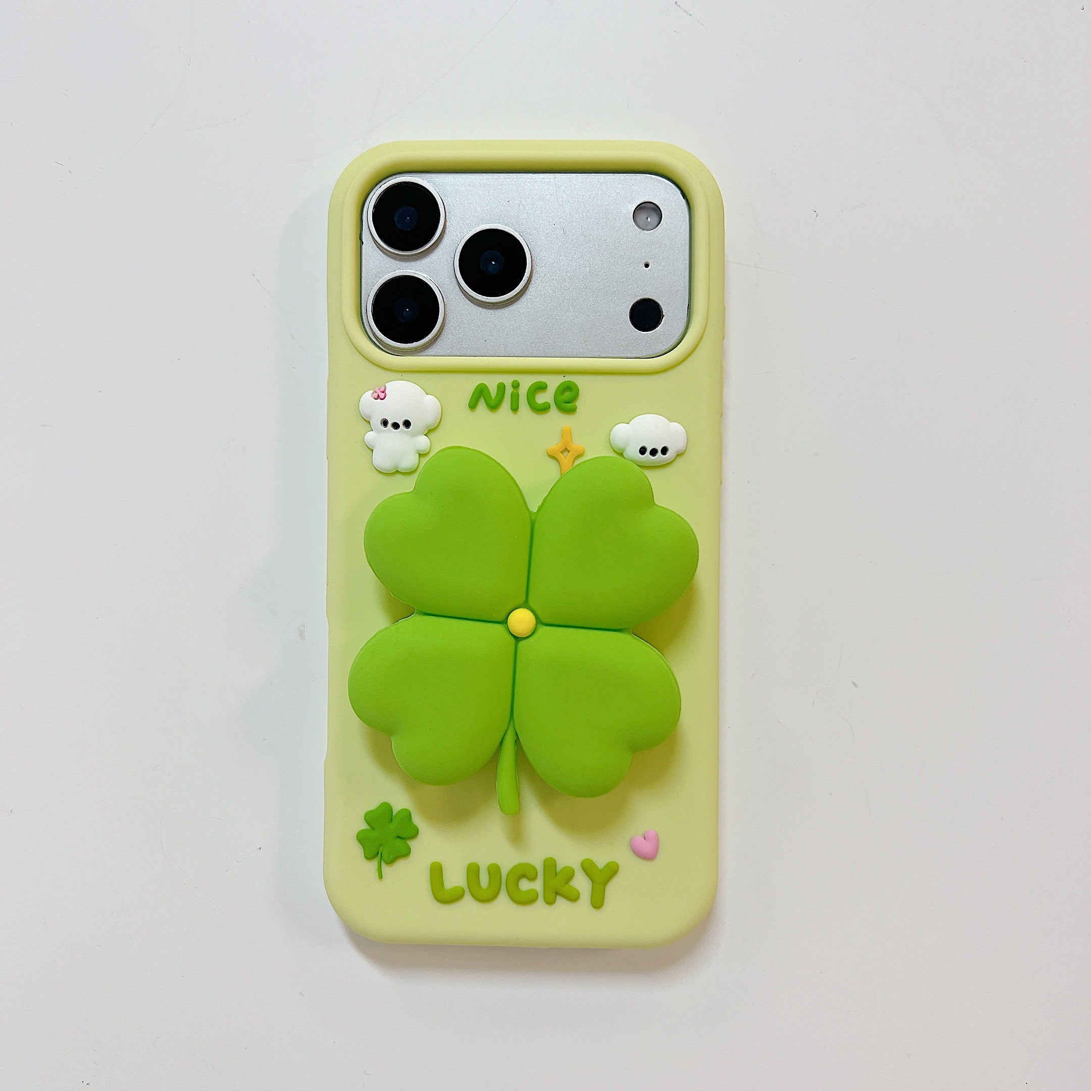 3D Green Clover 'Lucky & Nice' Cute Cartoon Design Silicone Phone Case For iPhone 15