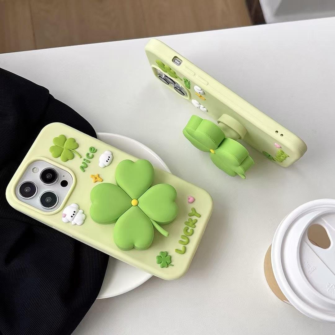 3D Green Clover 'Lucky & Nice' Cute Cartoon Design Silicone Phone Case For iPhone 14 Pro Max