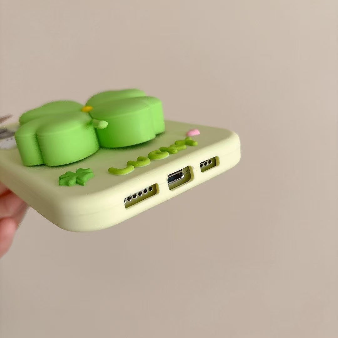 3D Green Clover 'Lucky & Nice' Cute Cartoon Design Silicone Phone Case For iPhone 17 Air