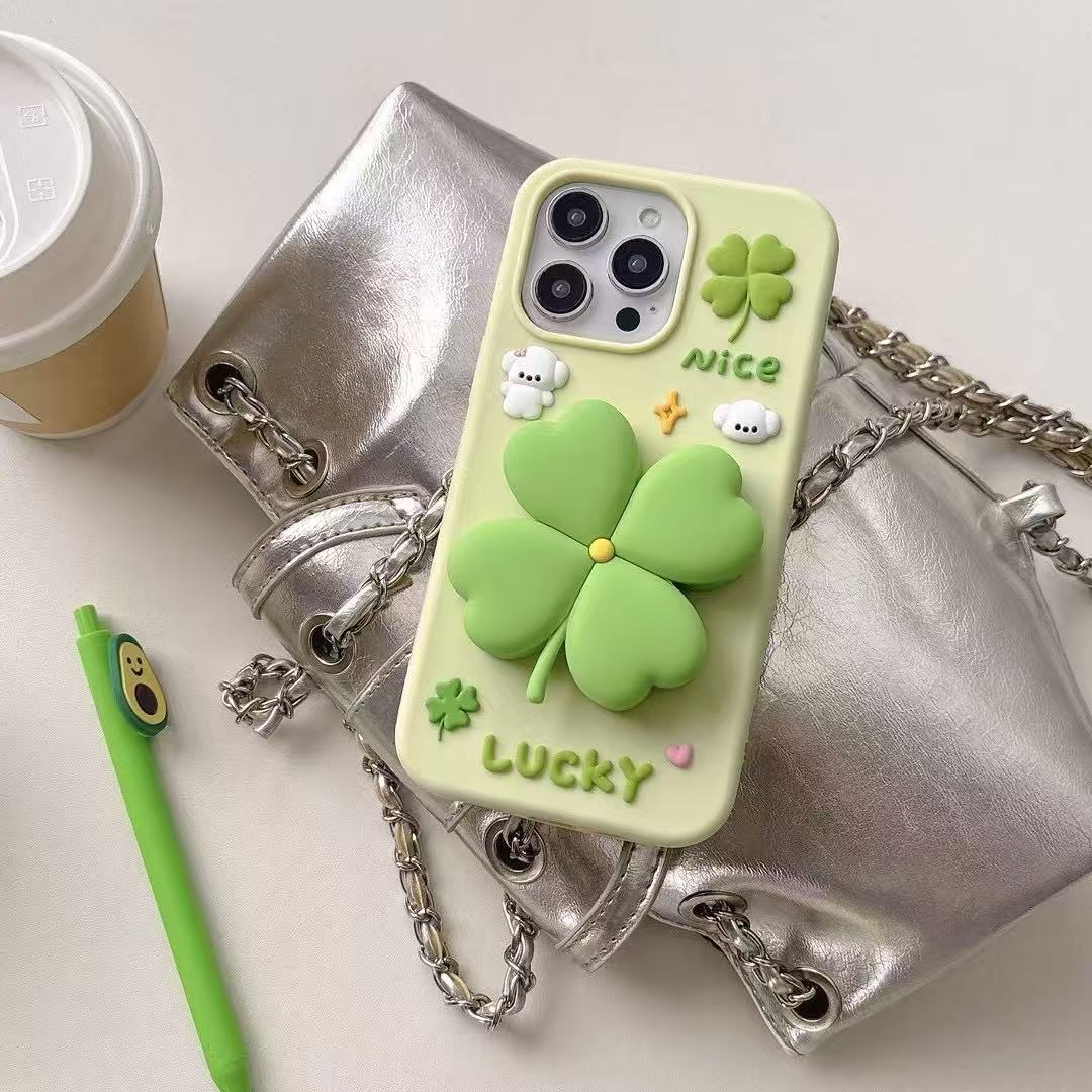 3D Green Clover 'Lucky & Nice' Cute Cartoon Design Silicone Phone Case For iPhone 17