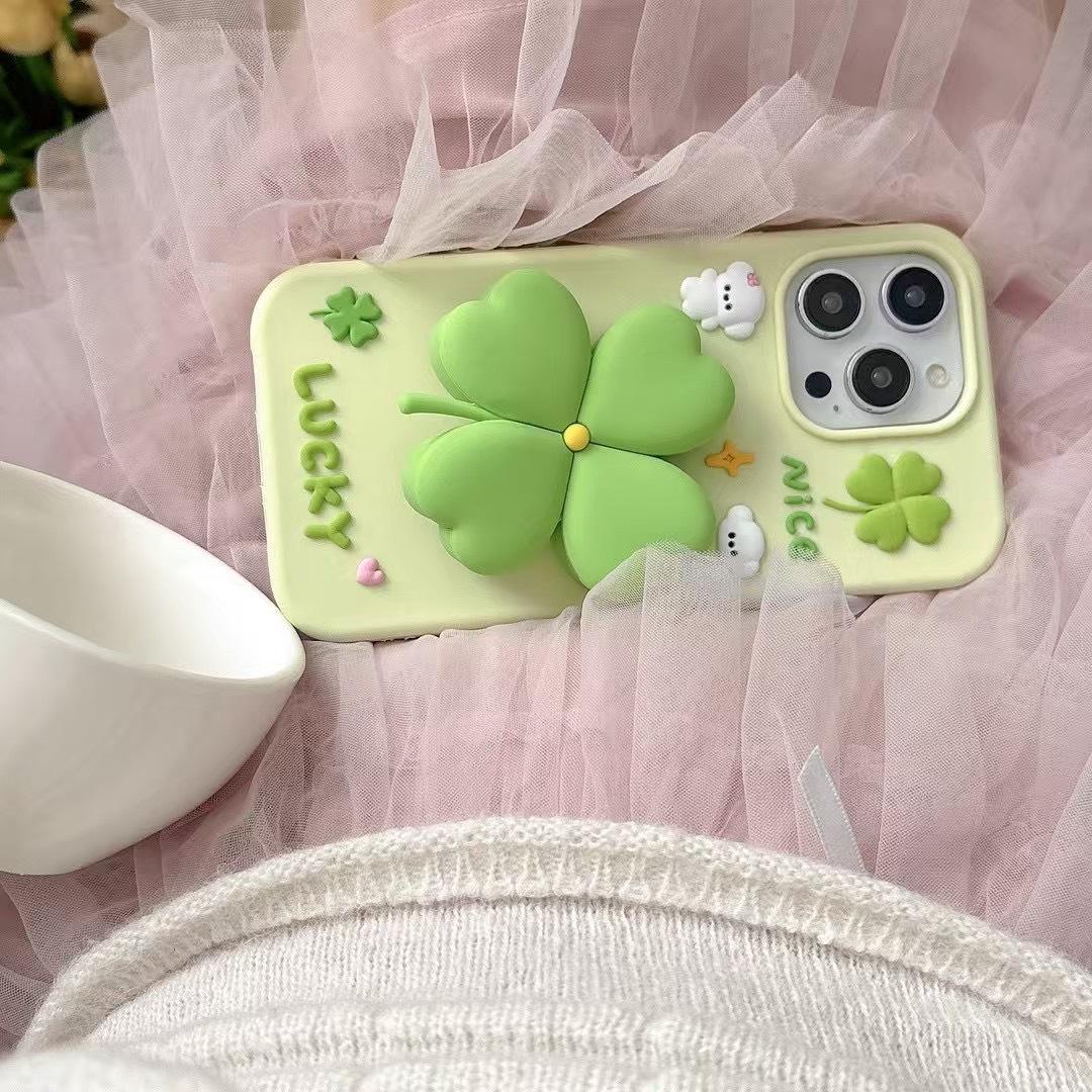 3D Green Clover 'Lucky & Nice' Cute Cartoon Design Silicone Phone Case For iPhone 17