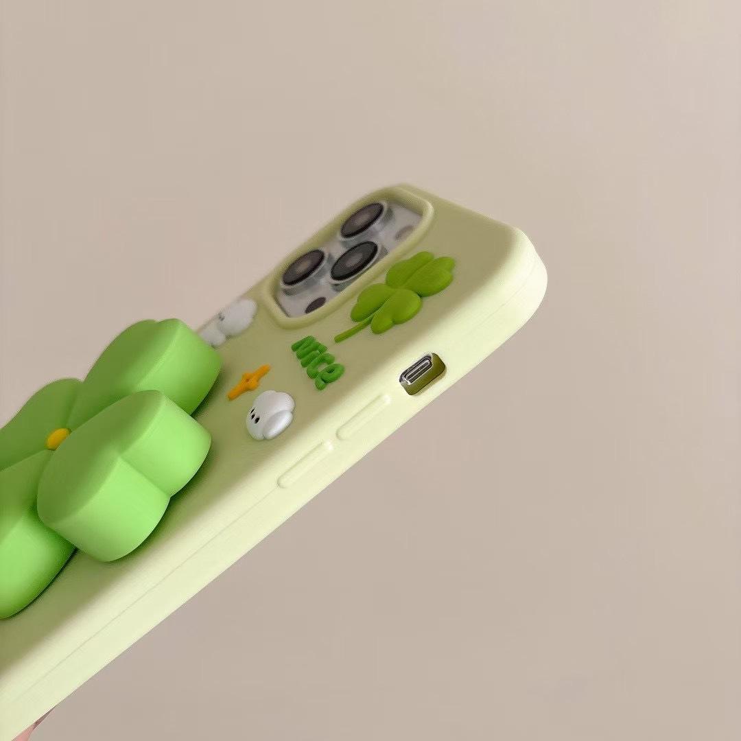 3D Green Clover 'Lucky & Nice' Cute Cartoon Design Silicone Phone Case For iPhone 17