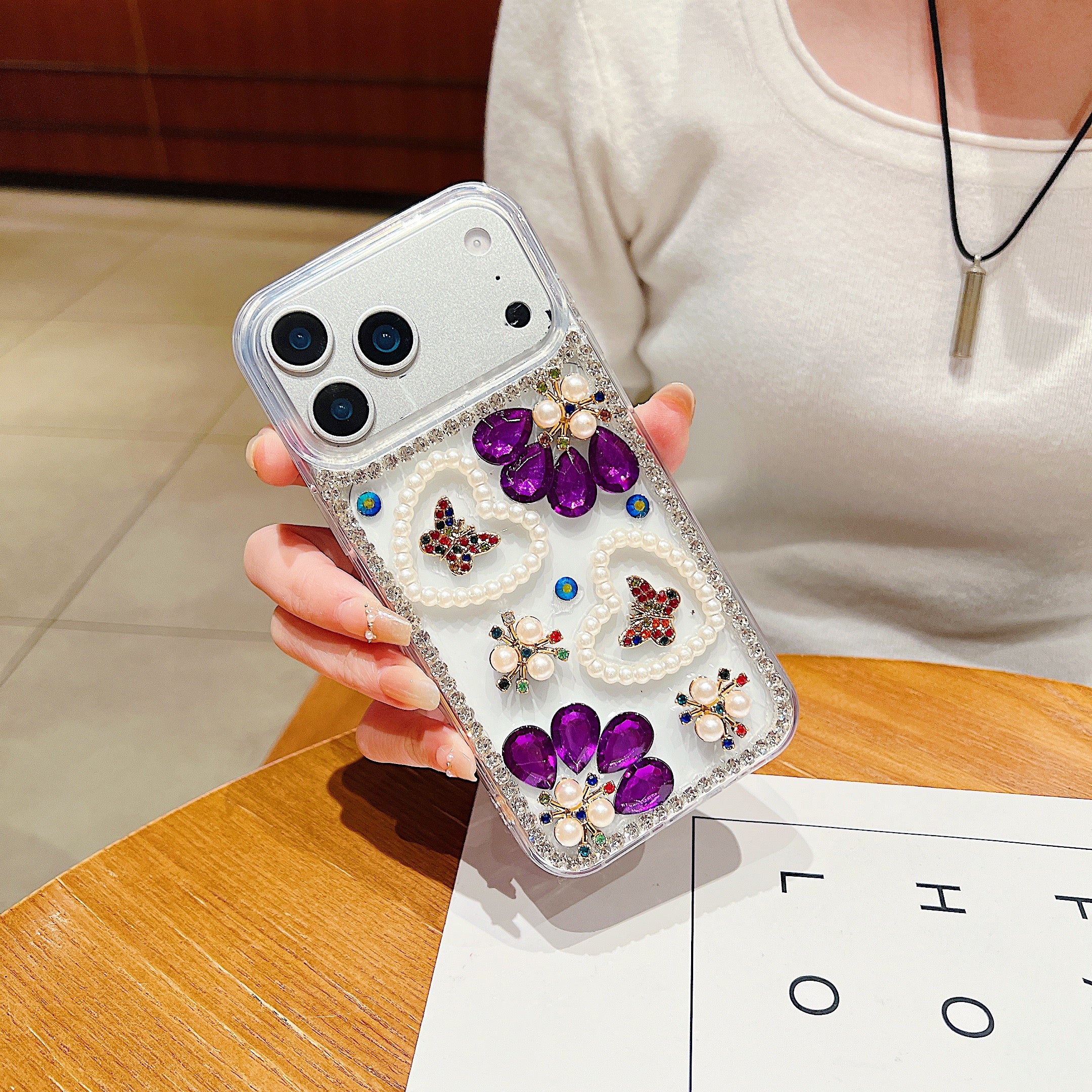 Royal Amethyst Flower Phone Case – Sparkly Diamond & Pearl 3D Floral Design For iPhone 17 Air