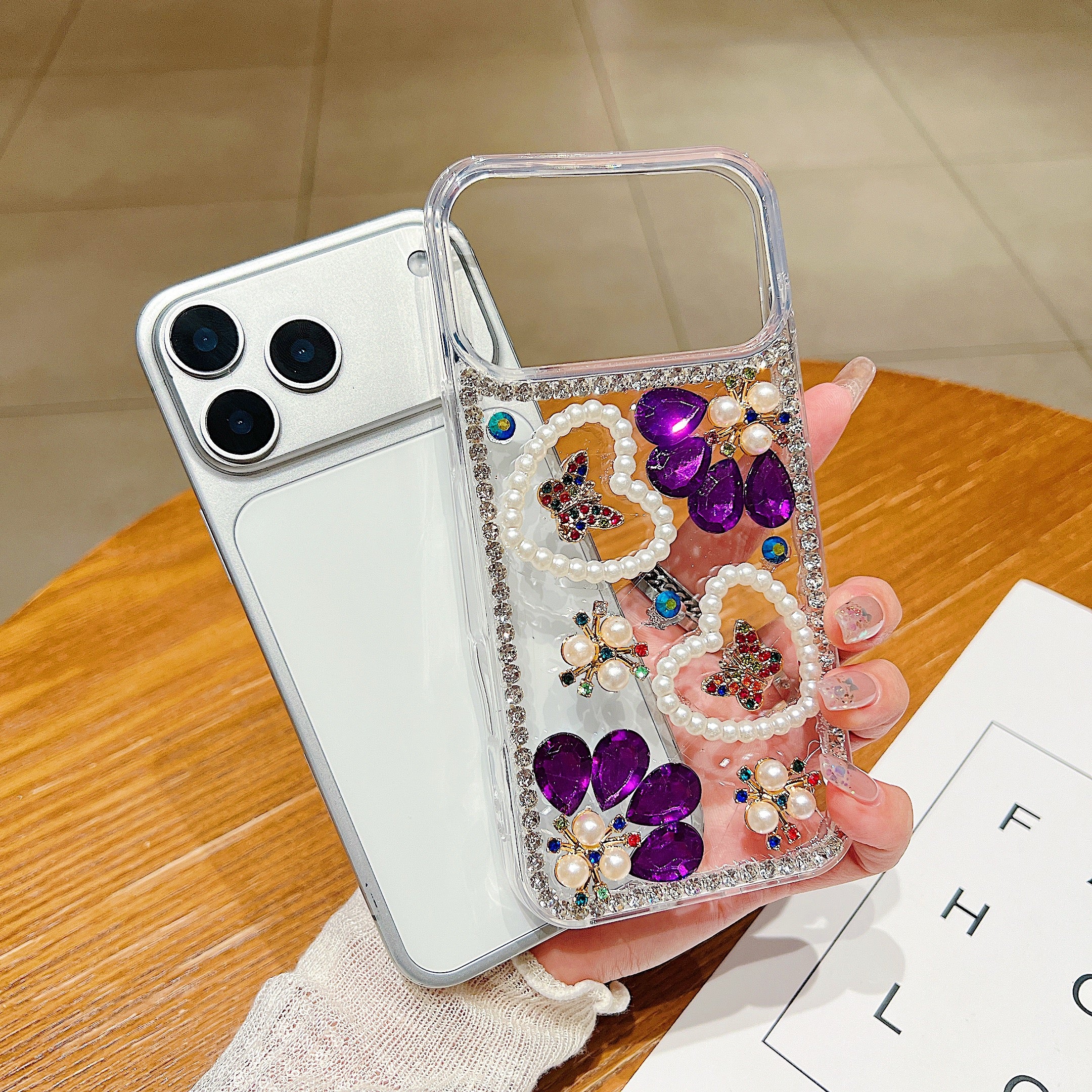 Royal Amethyst Flower Phone Case – Sparkly Diamond & Pearl 3D Floral Design For iPhone 17 Air