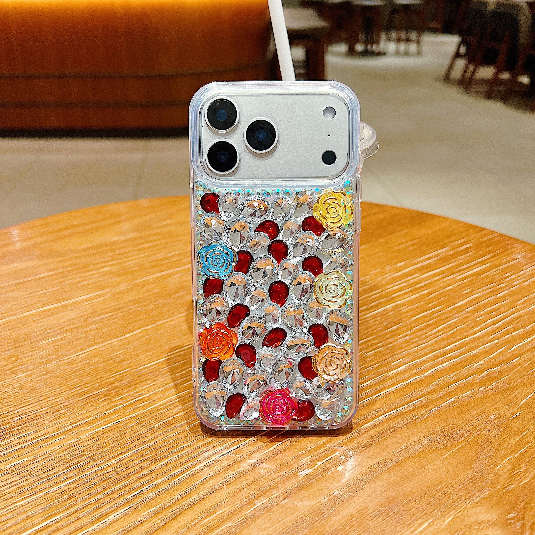 Rainbow Rose Crystal Phone Case – 3D Multicolor Flower & Diamond Gem Case For iPhone 17 Pro