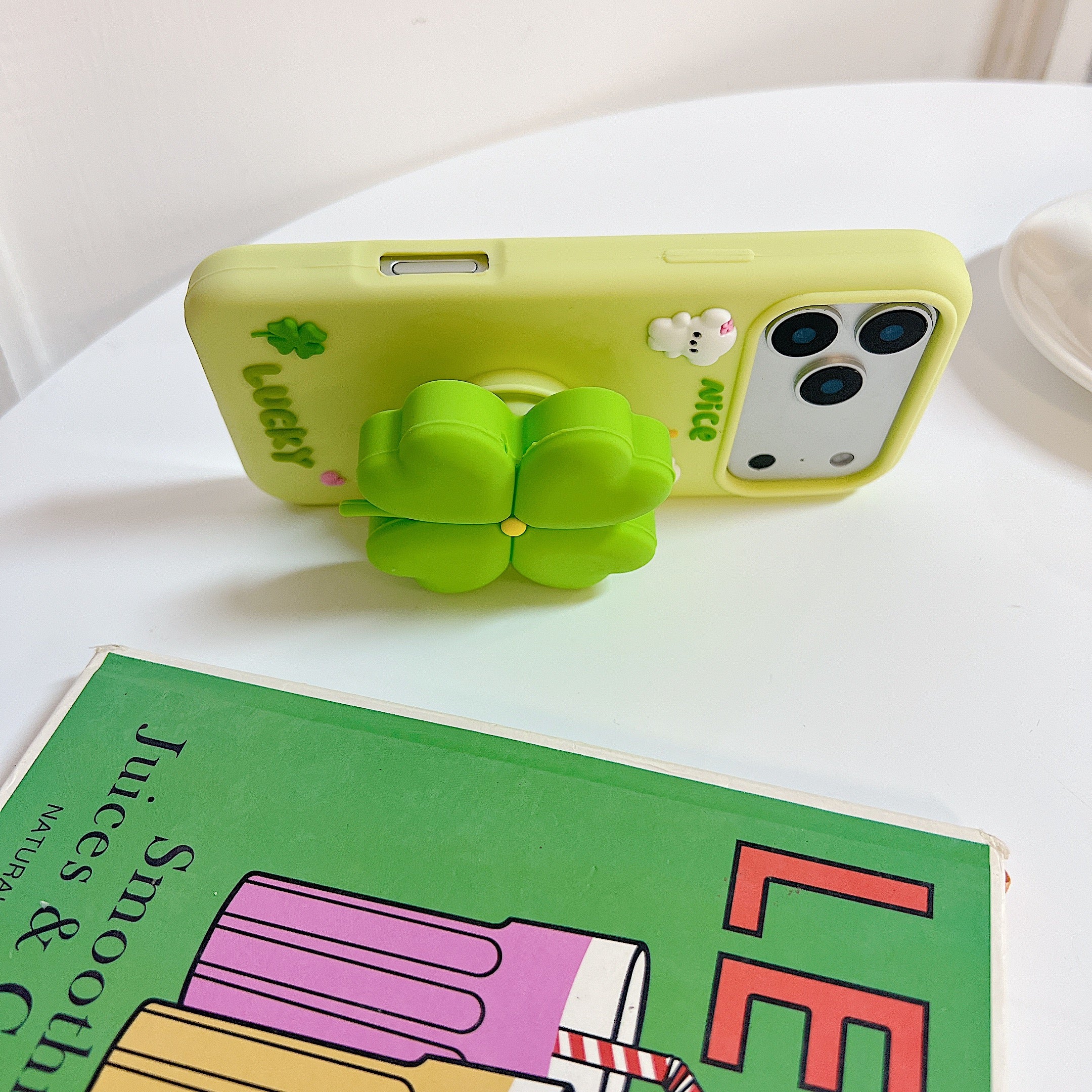 3D Green Clover 'Lucky & Nice' Cute Cartoon Design Silicone Phone Case For iPhone 15