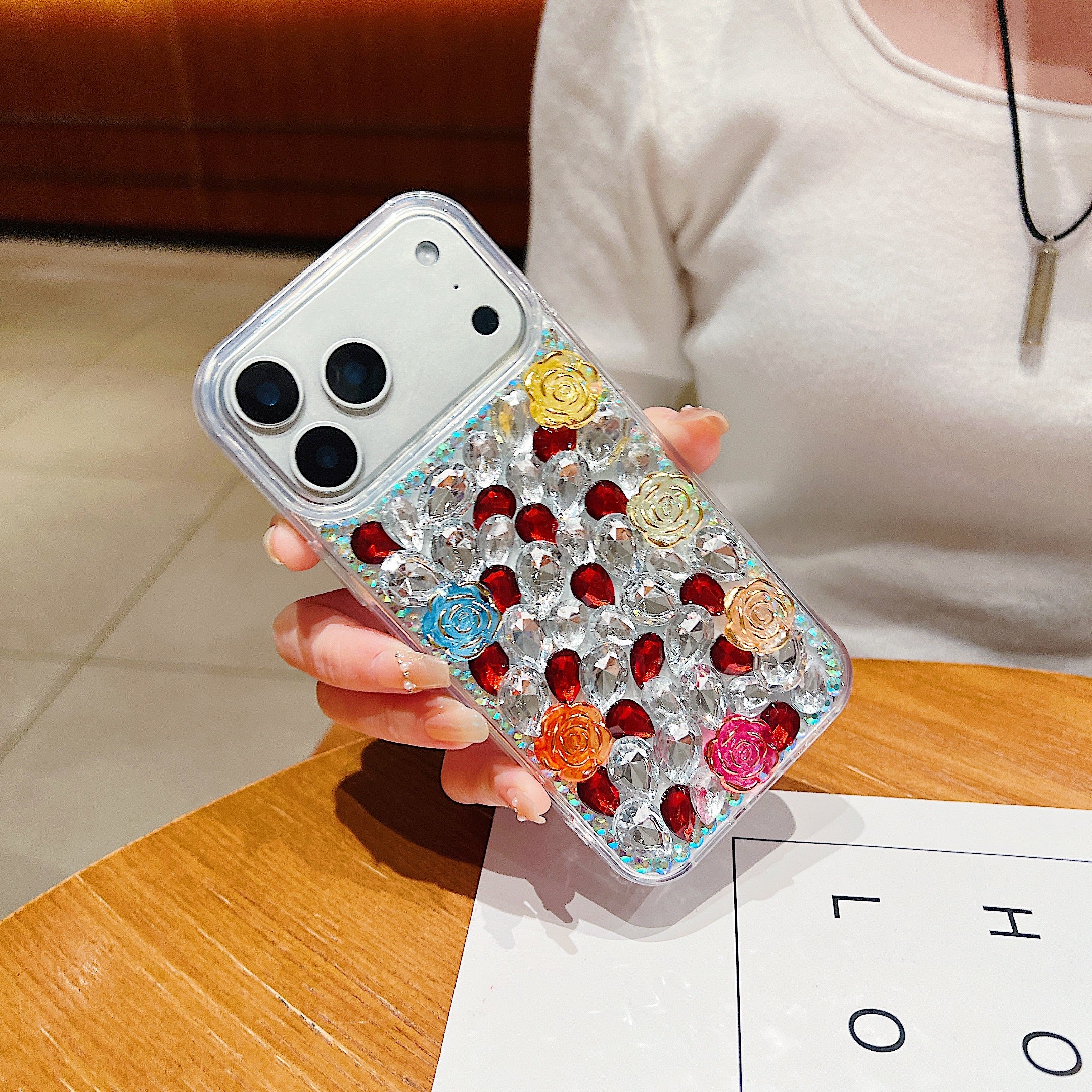 Rainbow Rose Crystal Phone Case – 3D Multicolor Flower & Diamond Gem Case For iPhone 17 Pro Max