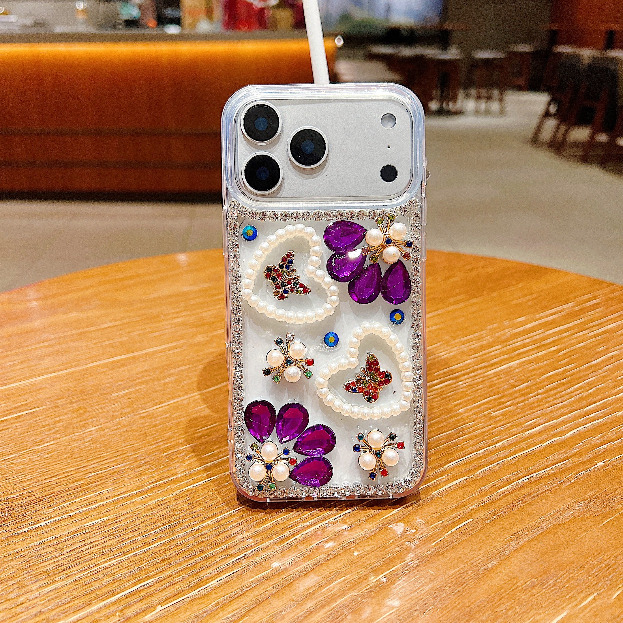 Royal Amethyst Flower Phone Case – Sparkly Diamond & Pearl 3D Floral Design For iPhone 17 Air