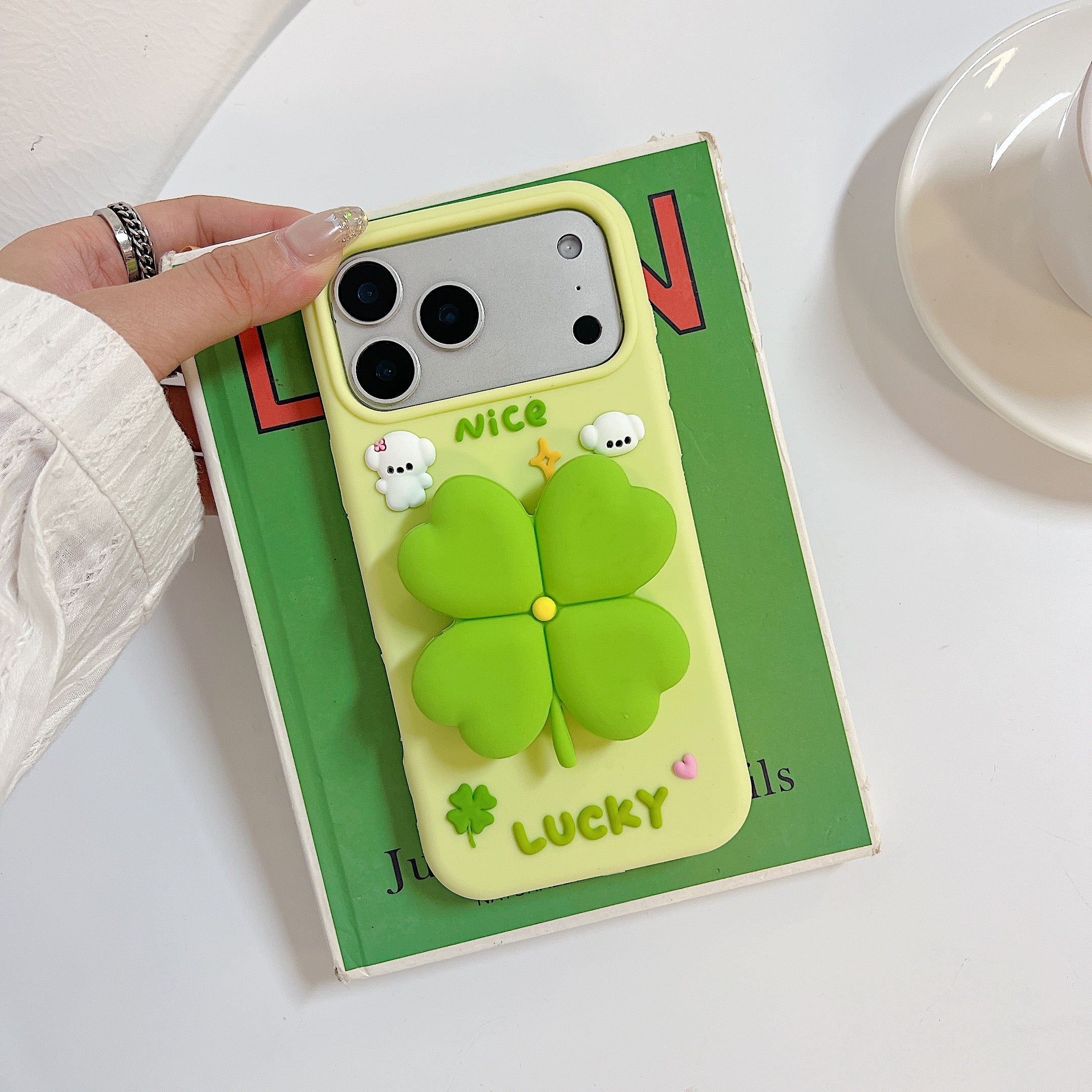 3D Green Clover 'Lucky & Nice' Cute Cartoon Design Silicone Phone Case For iPhone 17