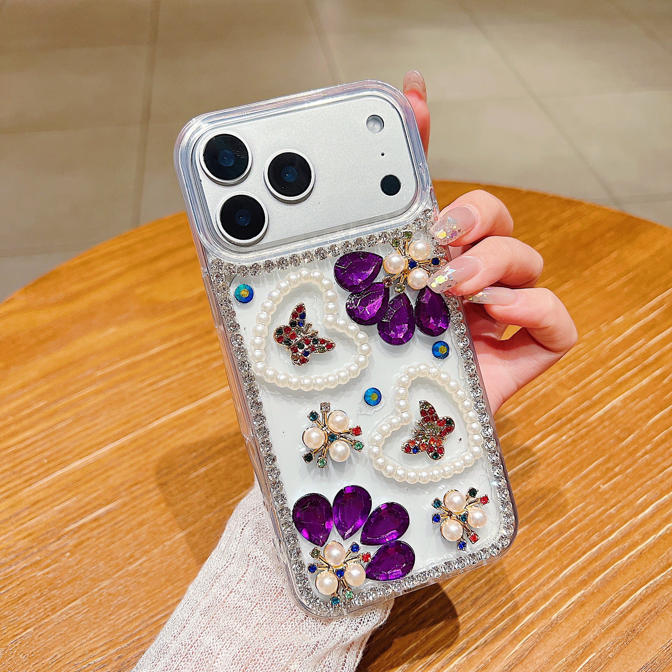 Royal Amethyst Flower Phone Case – Sparkly Diamond & Pearl 3D Floral Design For iPhone 17 Air