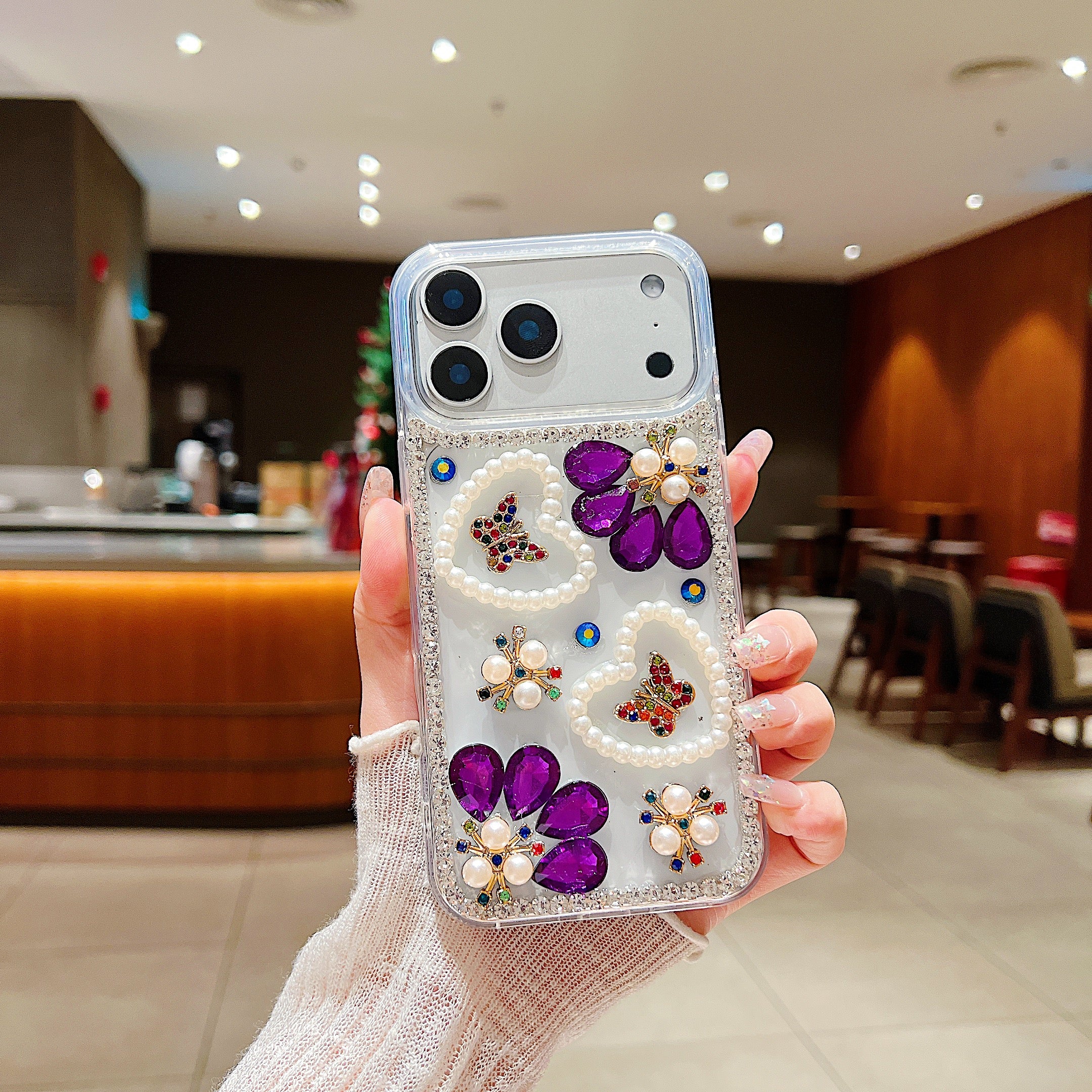 Royal Amethyst Flower Phone Case – Sparkly Diamond & Pearl 3D Floral Design For iPhone 11 Pro Max