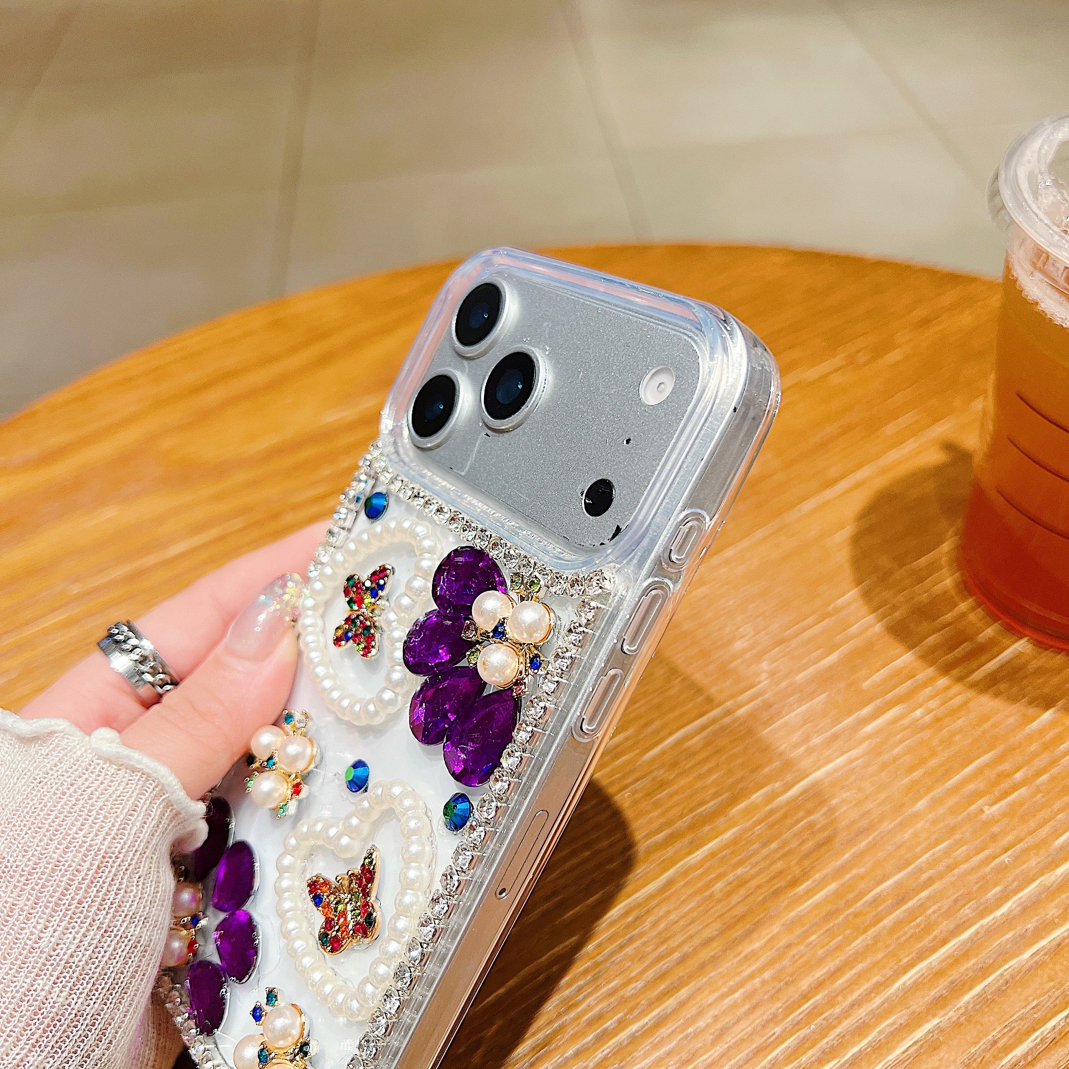 Royal Amethyst Flower Phone Case – Sparkly Diamond & Pearl 3D Floral Design For iPhone 17 Air