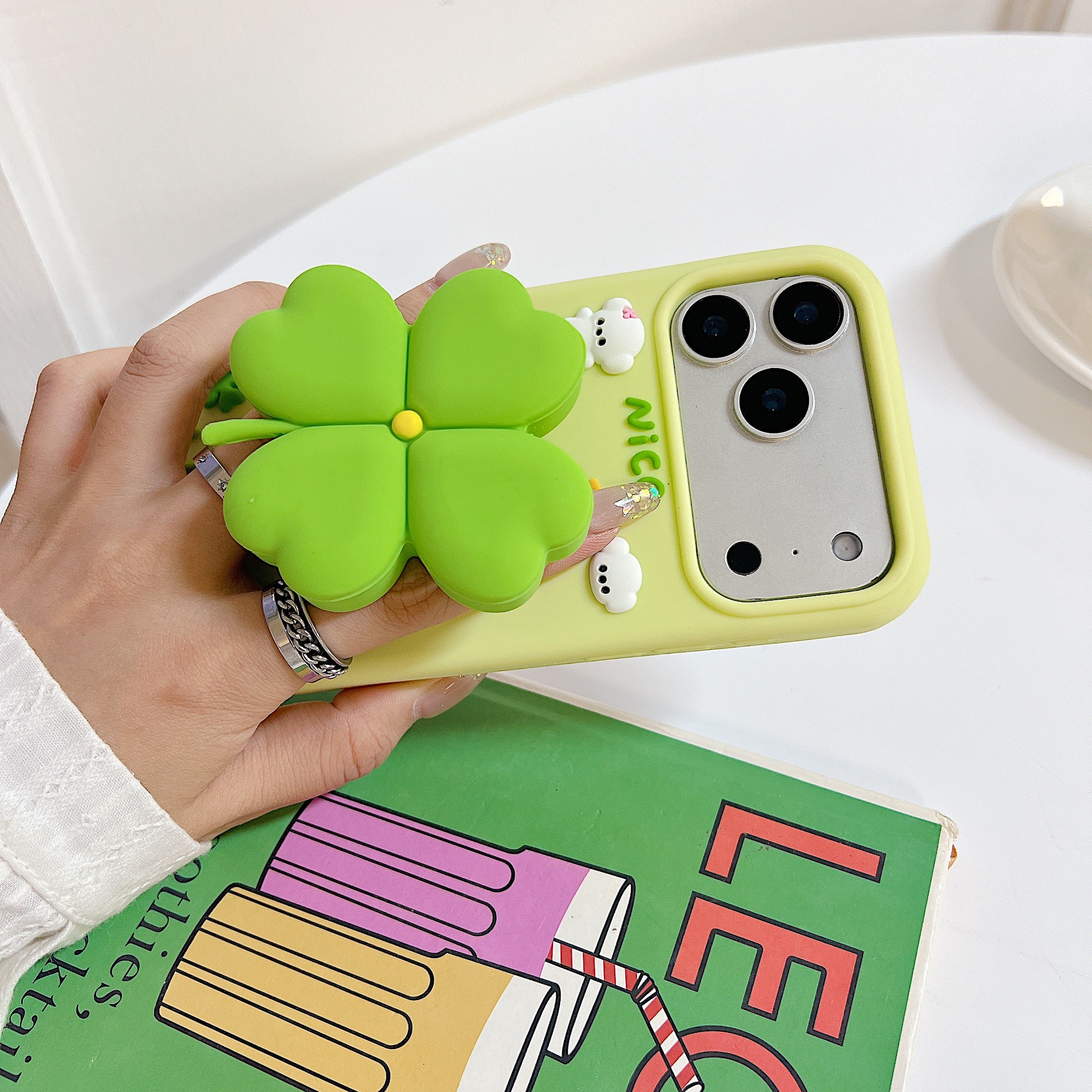 3D Green Clover 'Lucky & Nice' Cute Cartoon Design Silicone Phone Case For iPhone 14