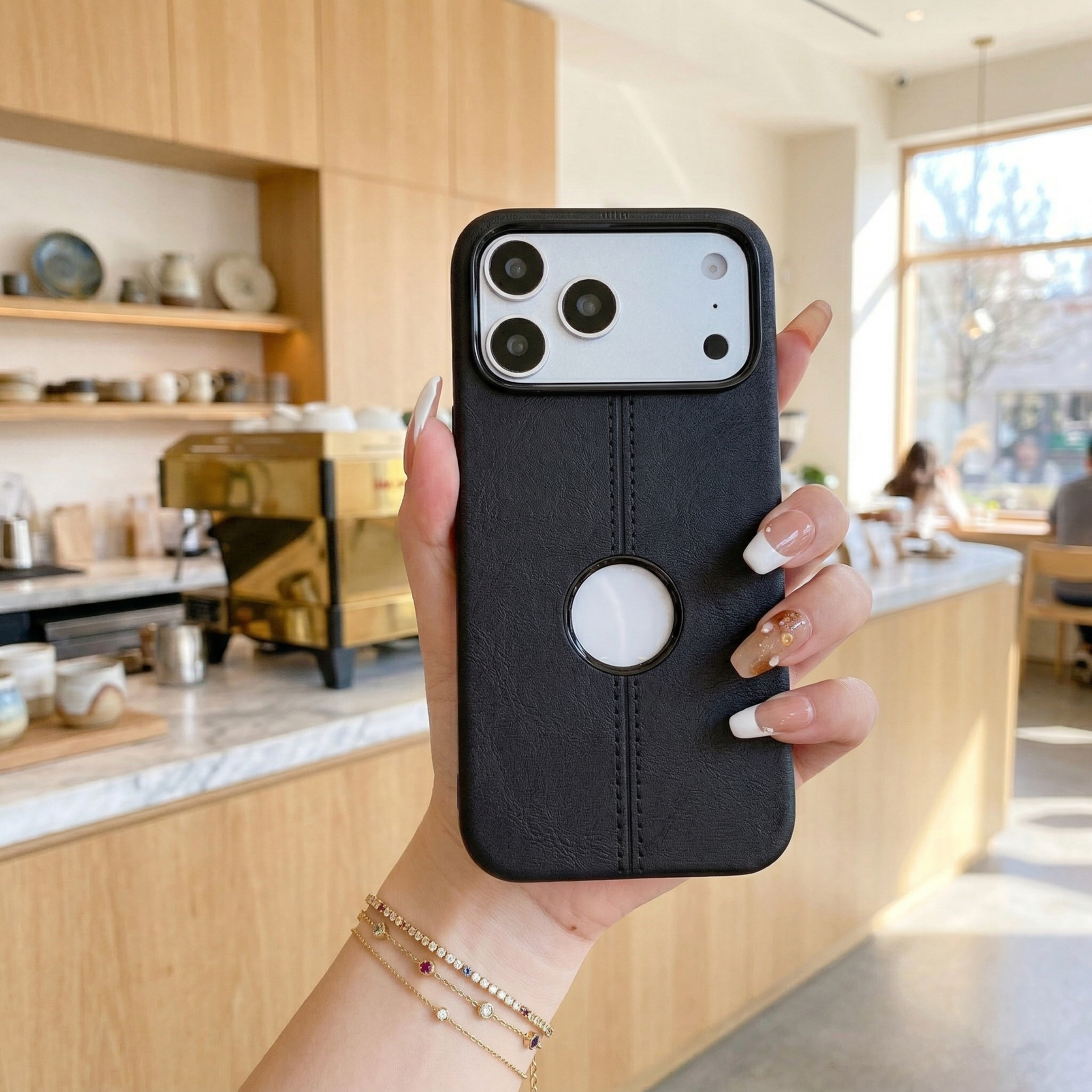 Classic Black Leatherette Case - Aesthetic Minimalist Professional Design with Apple Logo Cutout