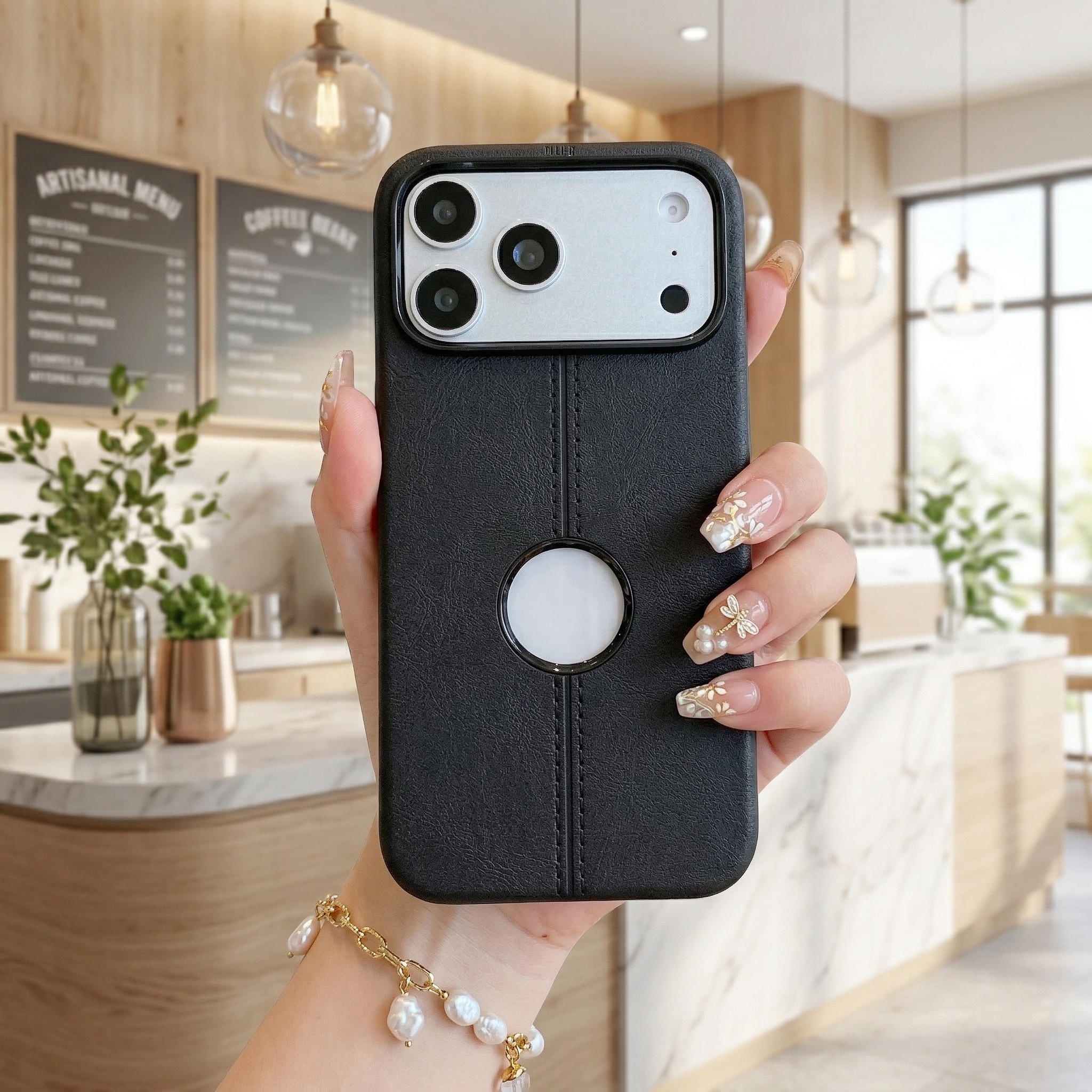 Classic Black Leatherette Case - Aesthetic Minimalist Professional Design with Apple Logo Cutout