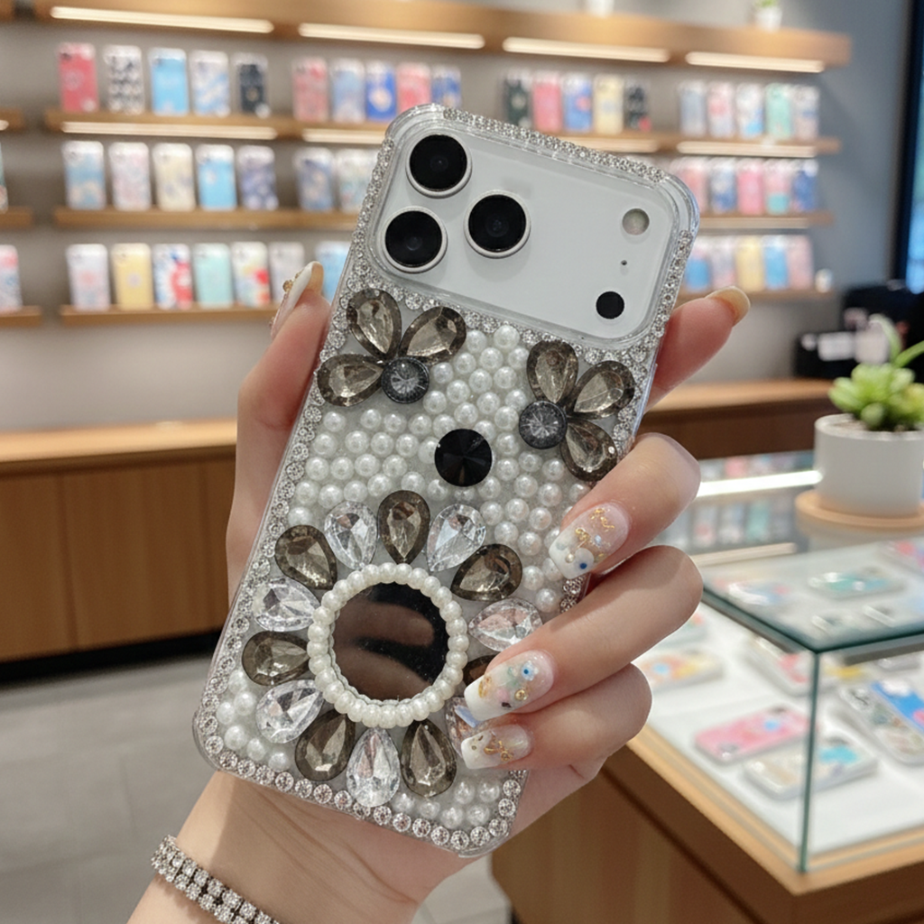 Bloom Mirror Case Luxury Smokey Crystal Flower & Pearl Shield Case For iPhone 16 Pro