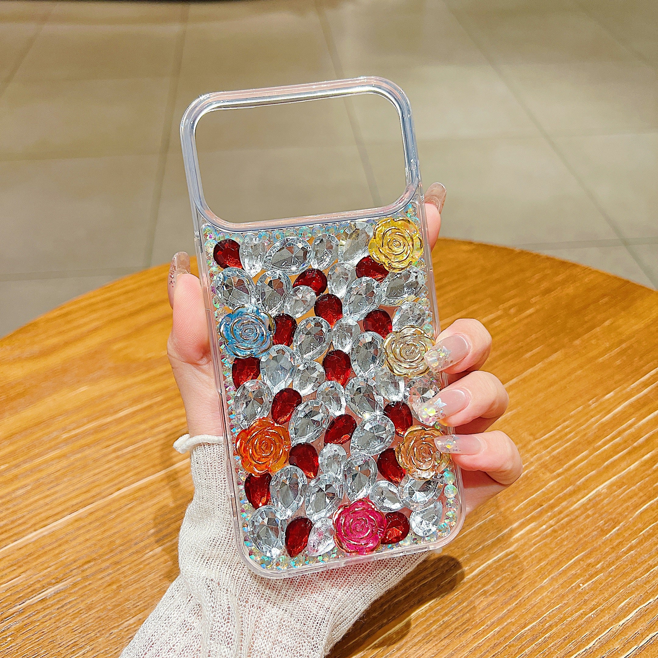 Rainbow Rose Crystal Phone Case – 3D Multicolor Flower & Diamond Gem Case For iPhone 17 Pro Max