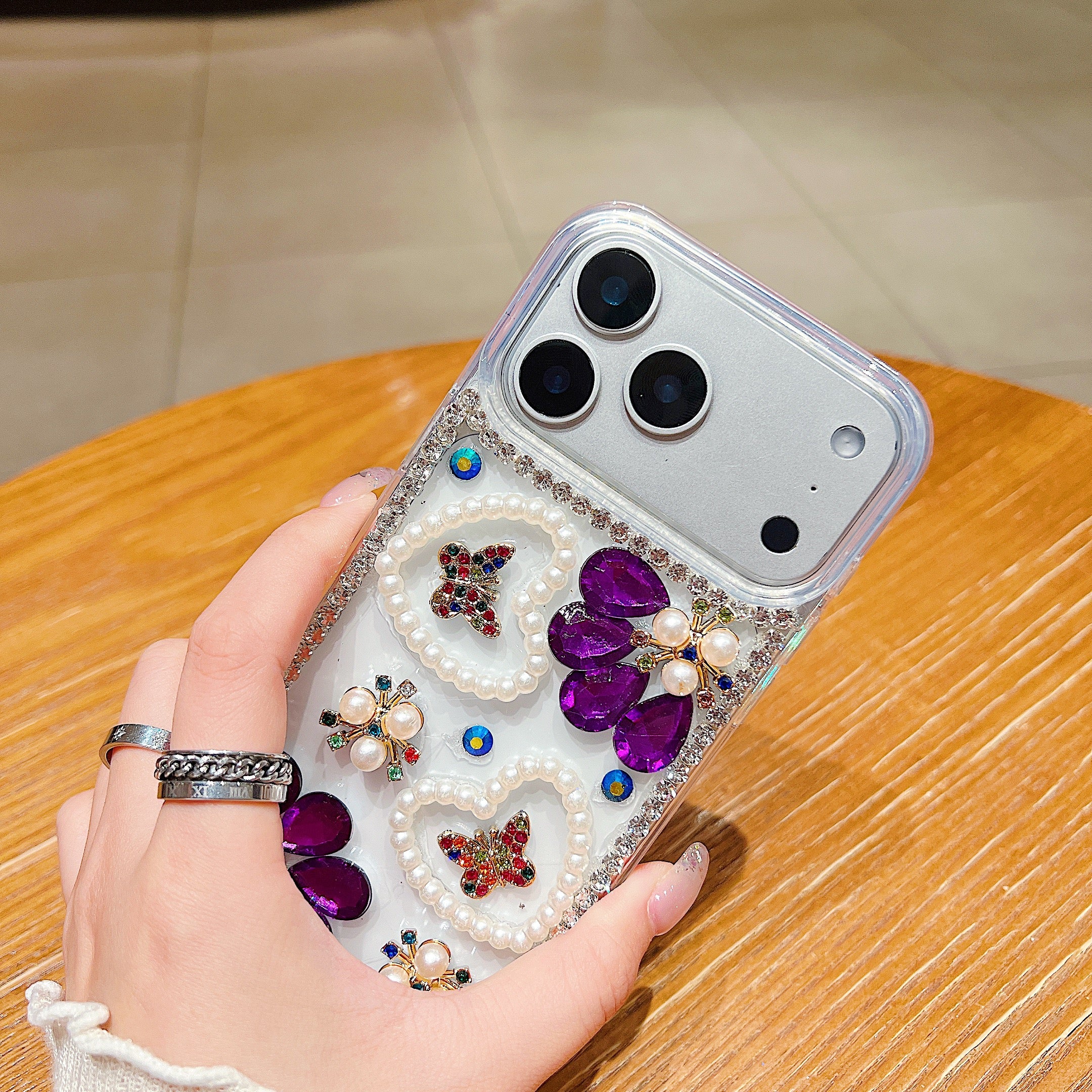 Royal Amethyst Flower Phone Case – Sparkly Diamond & Pearl 3D Floral Design For iPhone 17 Air