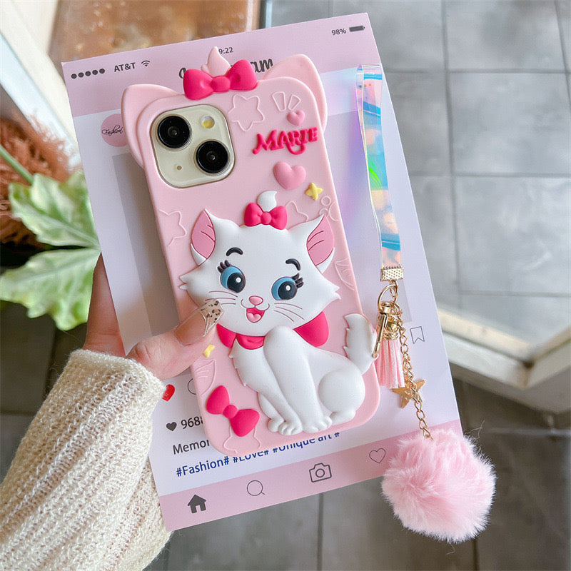 Disney Marie Cat With Fur Charm Silicon Phone Cases For iPhone 14 Pro Max