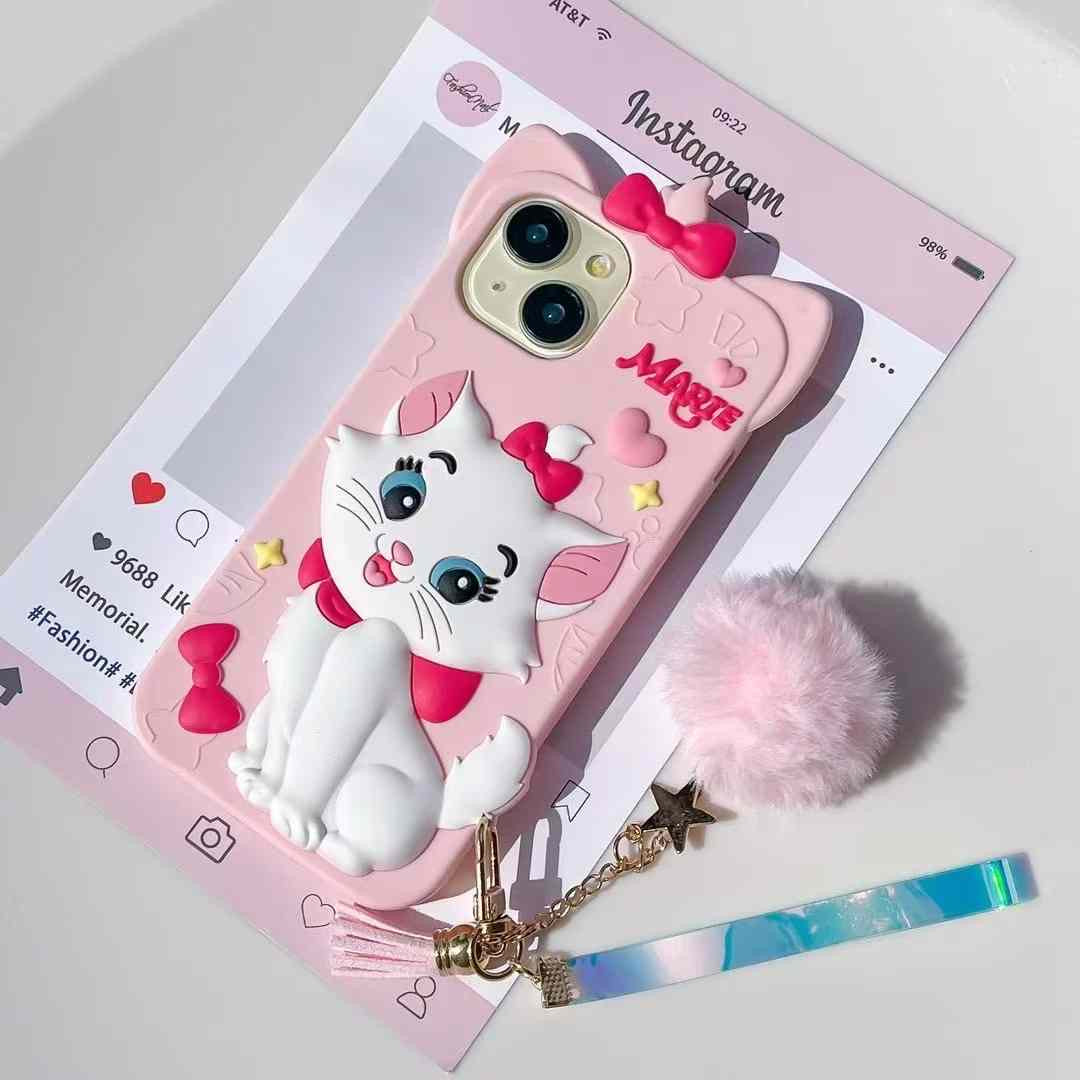 Disney Marie Cat With Fur Charm Silicon Phone Cases For iPhone 14 Pro Max