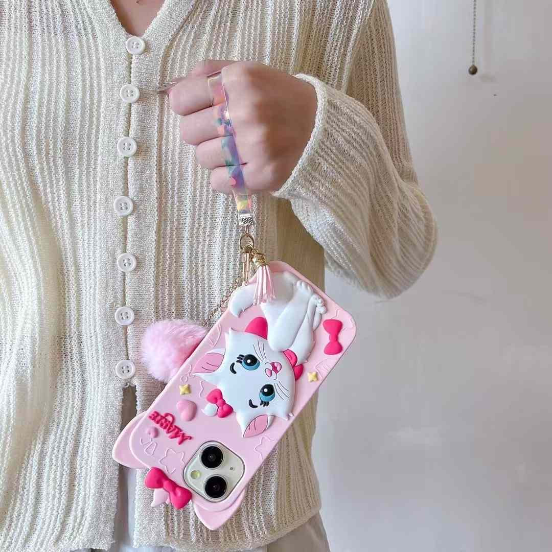 Disney Marie Cat With Fur Charm Silicon Phone Cases For iPhone 16