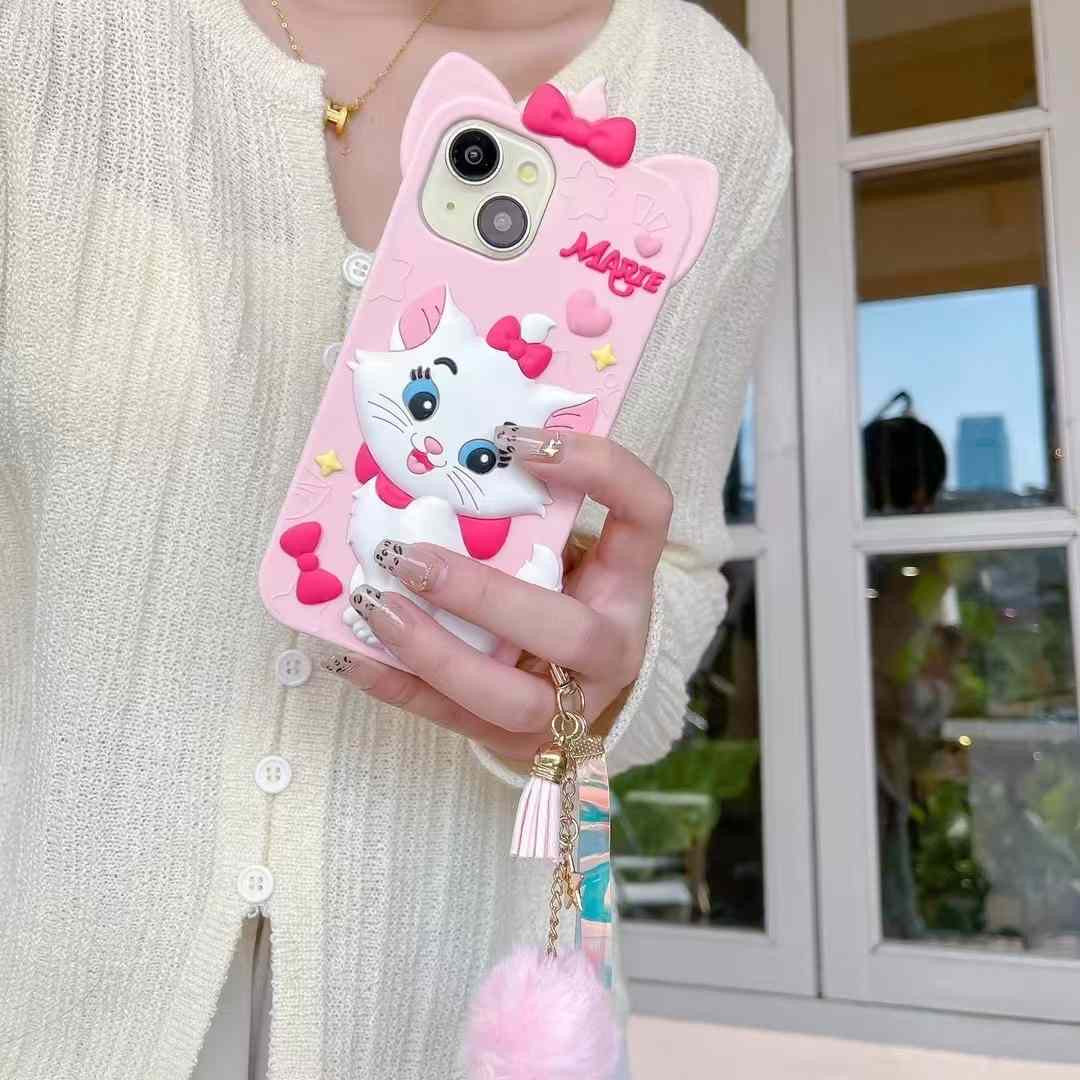Disney Marie Cat With Fur Charm Silicon Phone Cases For iPhone 14 Pro Max