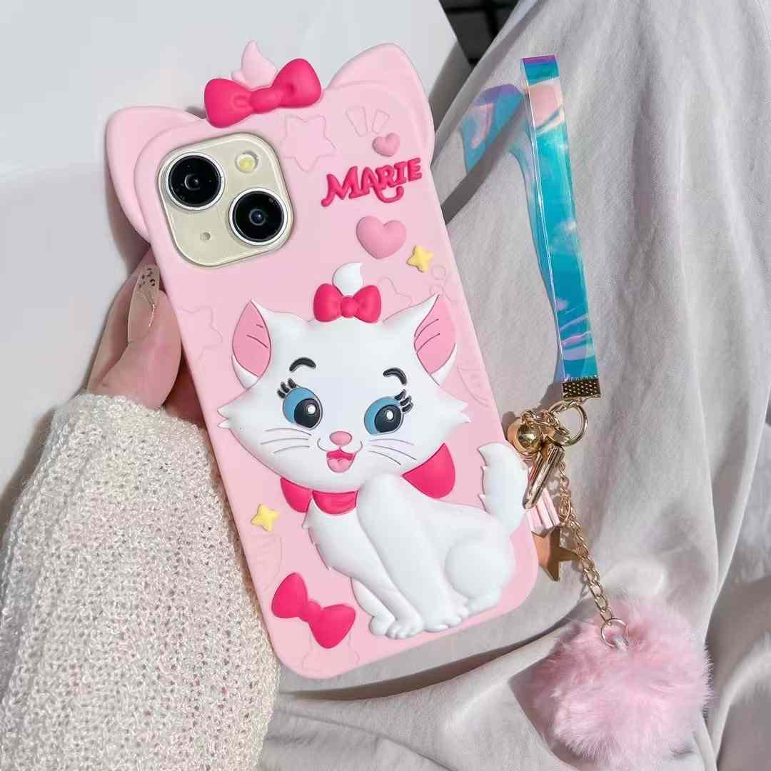 Disney Marie Cat With Fur Charm Silicon Phone Cases For iPhone 14 Pro Max