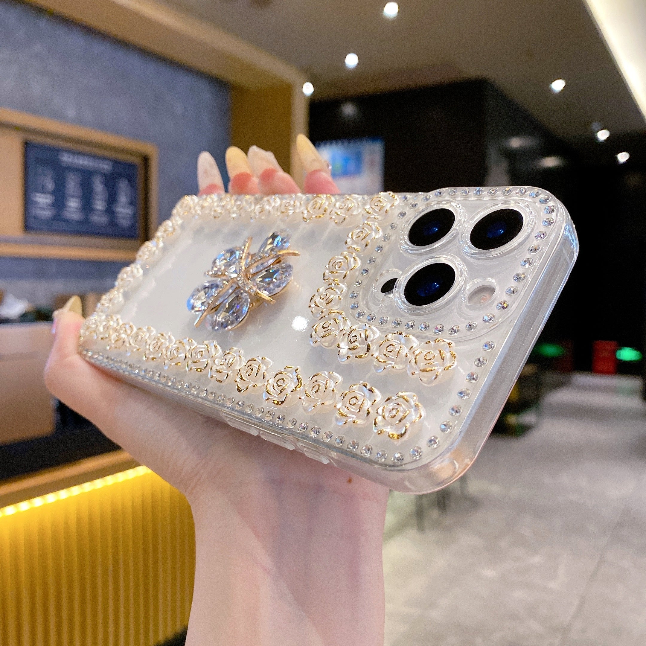 Crystal Flower Bling Case with Rose Border – Elegant 3D Design | Silicon Phone Case For iPhone 14