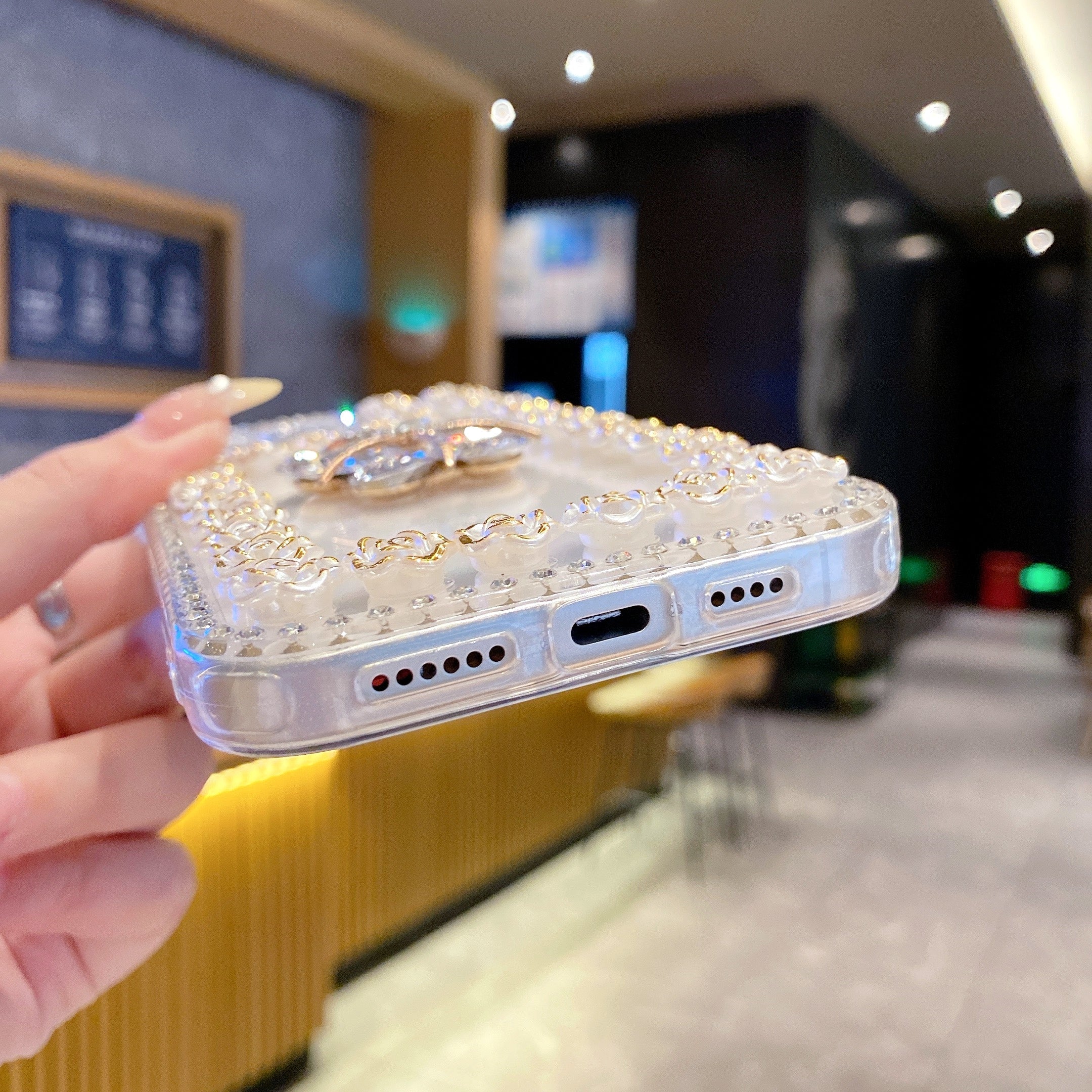 Crystal Flower Bling Case with Rose Border – Elegant 3D Design | Silicon Phone Case For iPhone 13 Pro Max