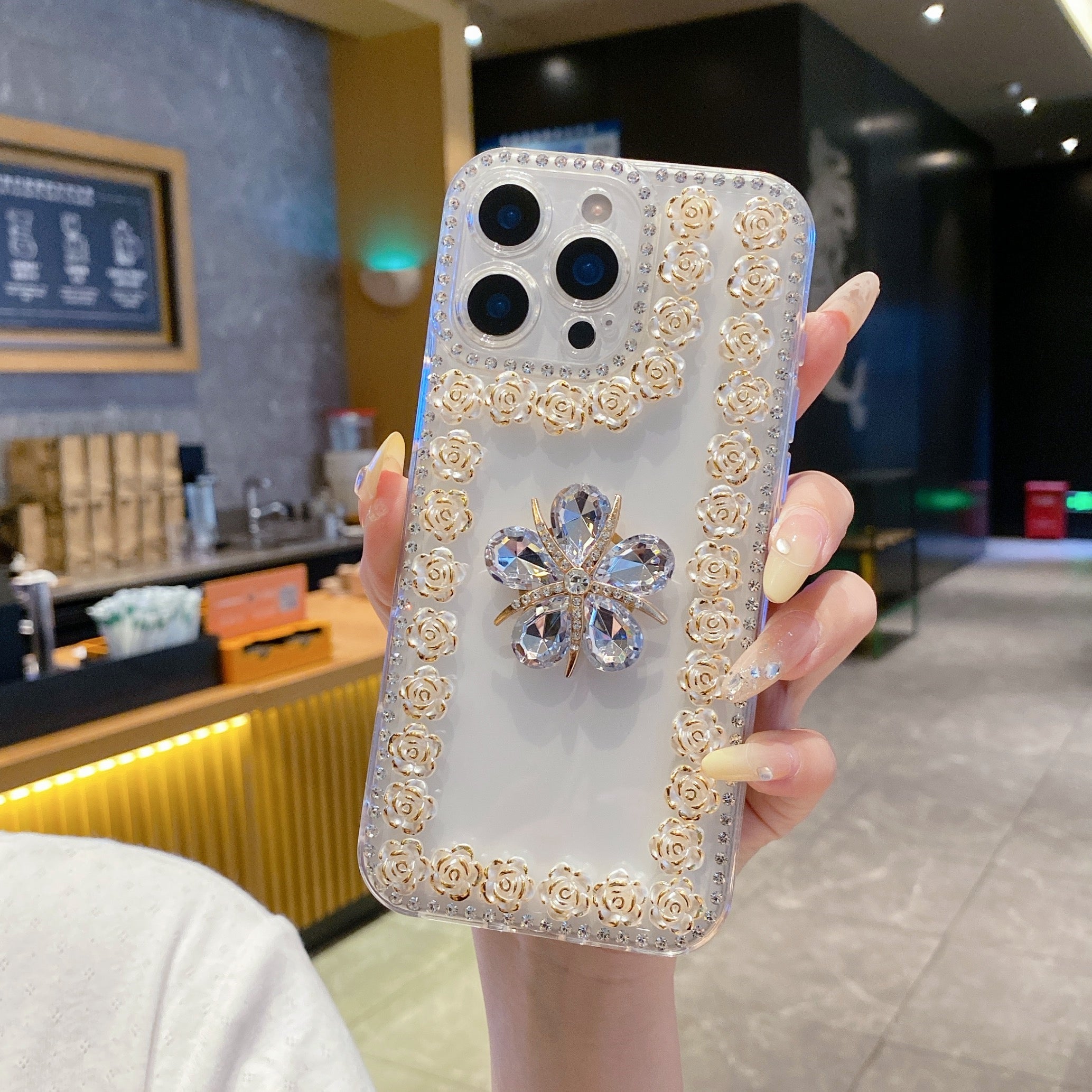 Crystal Flower Bling Case with Rose Border – Elegant 3D Design | Silicon Phone Case For iPhone 13