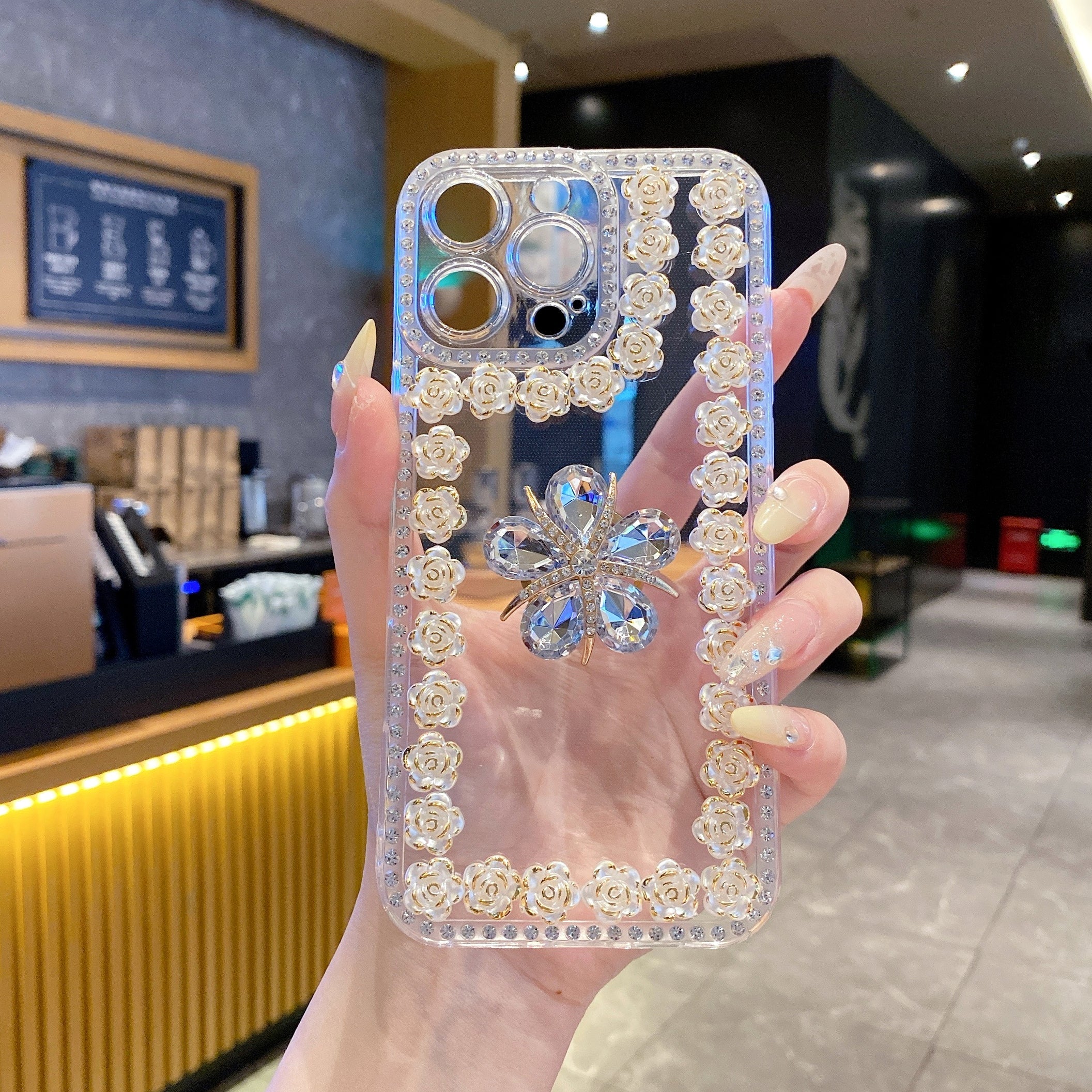 Crystal Flower Bling Case with Rose Border – Elegant 3D Design | Silicon Phone Case For iPhone 11 Pro Max