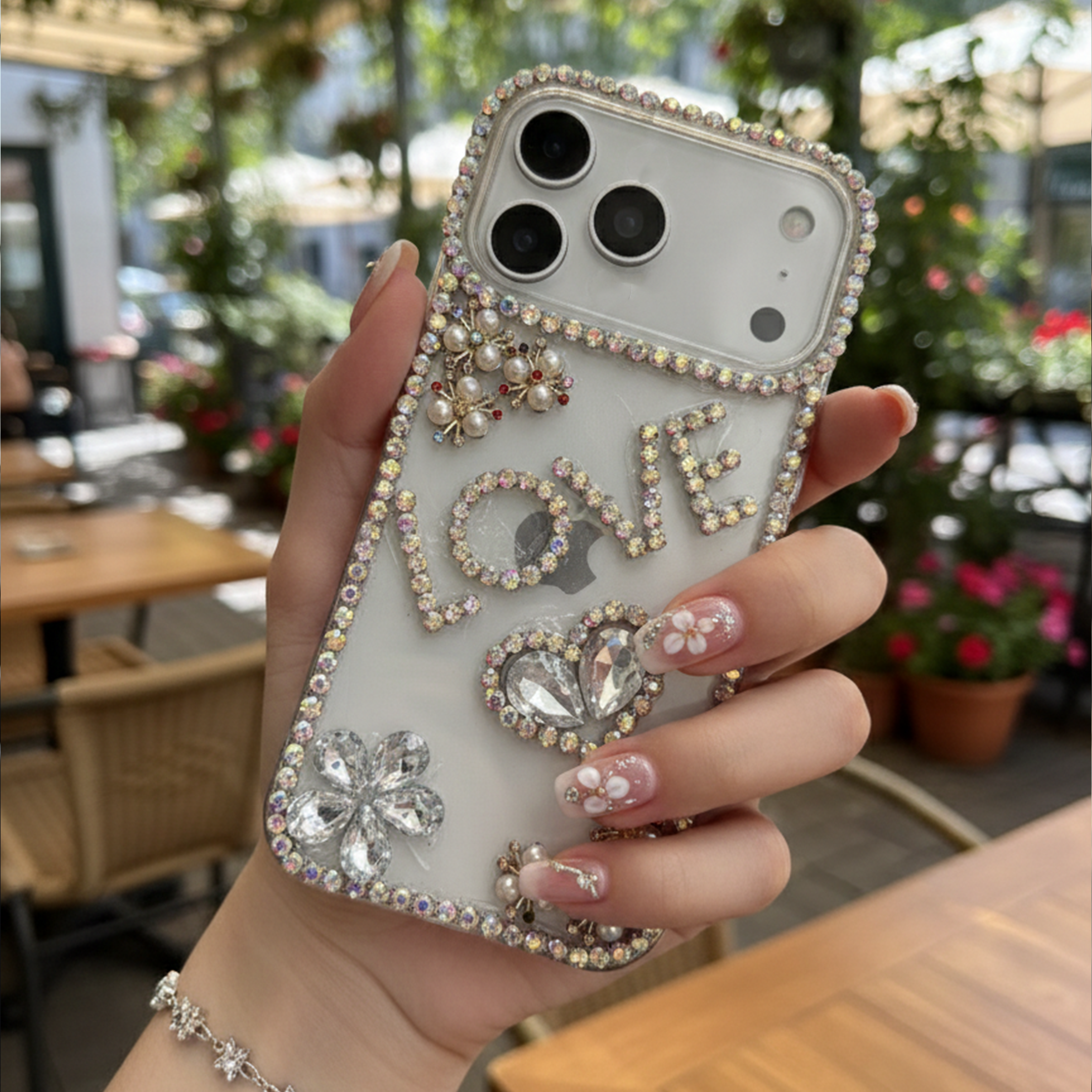 Crystal LOVE Word Art Case — Luxury Silver Rhinestone Heart & Flower Case For iPhone 17 Pro