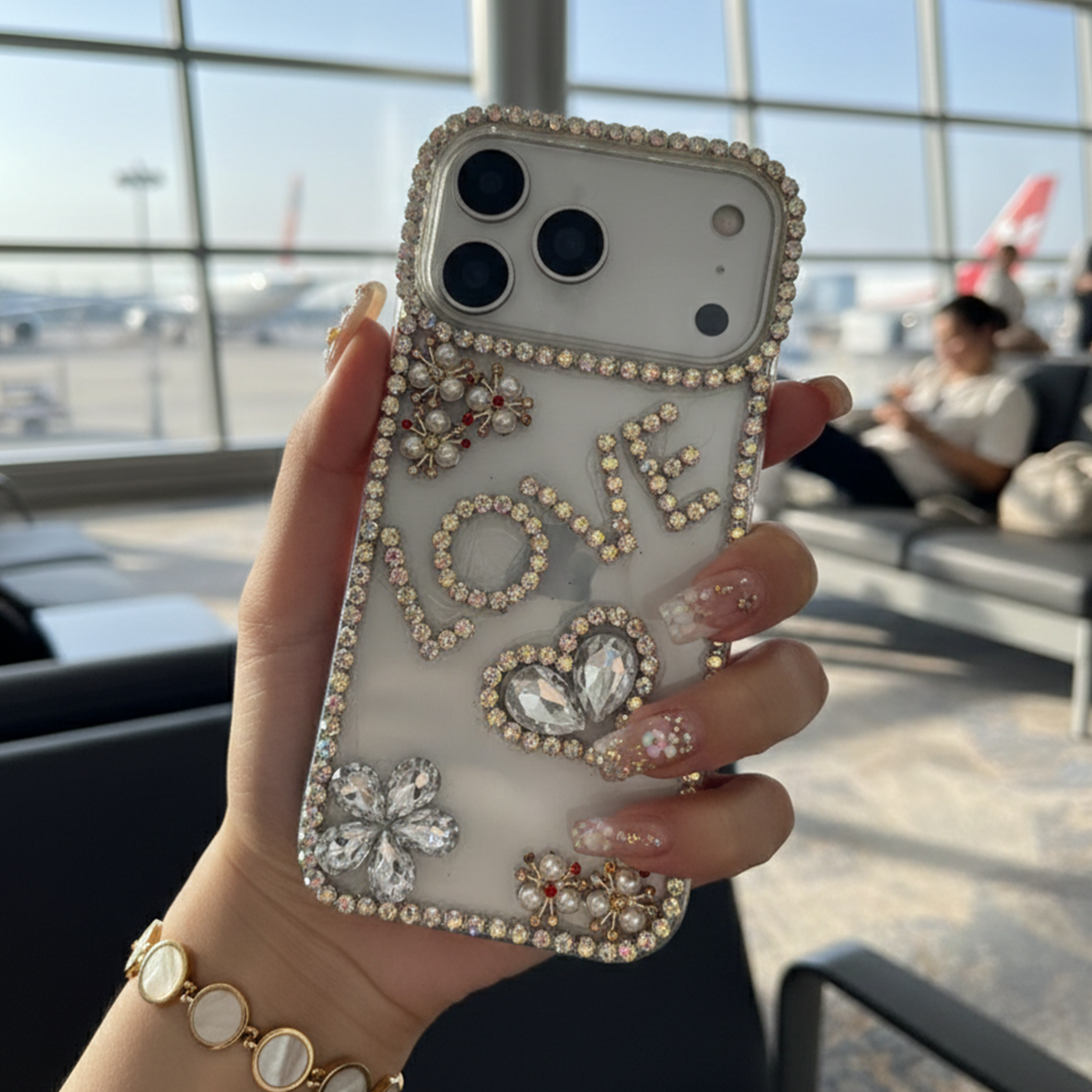 Crystal LOVE Word Art Case — Luxury Silver Rhinestone Heart & Flower Case For iPhone 17 Pro