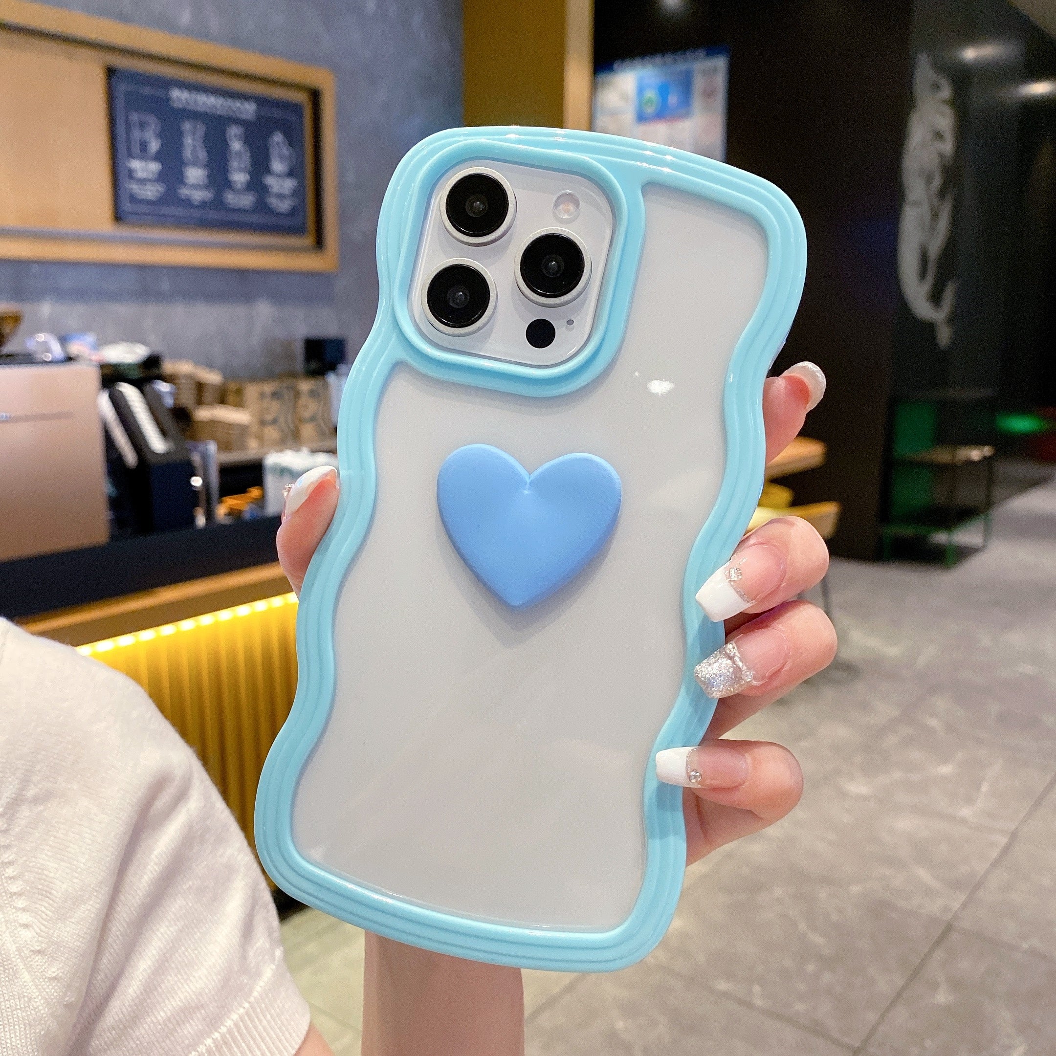 Cute Clear 3D Love Blue Heart Wavy Frame Silicon Phone Cases