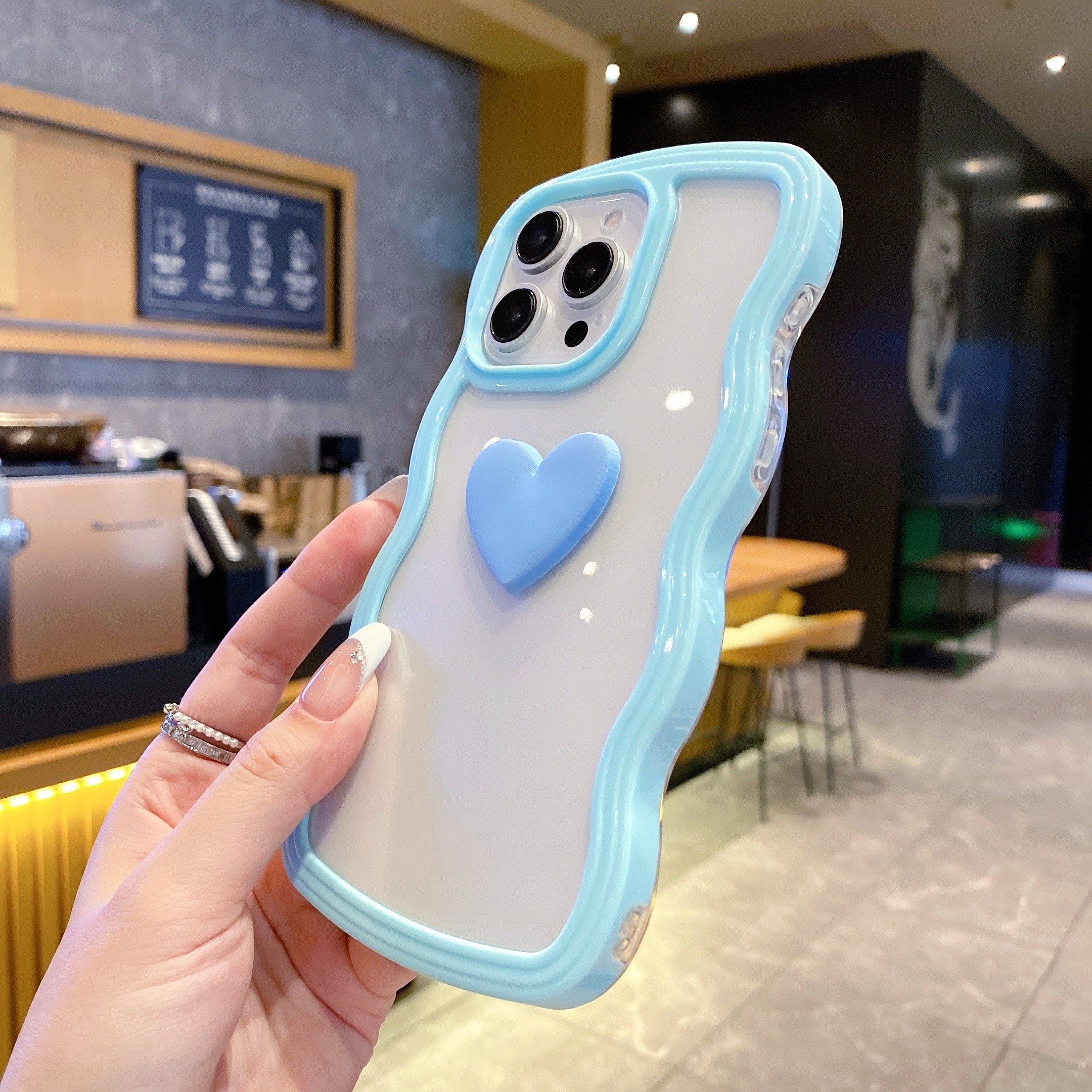 Cute Clear 3D Love Blue Heart Wavy Frame Silicon Phone Cases
