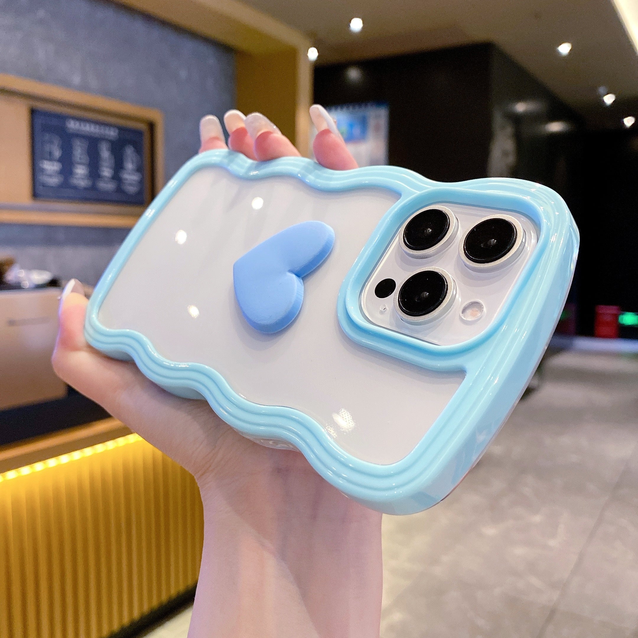 Cute Clear 3D Love Blue Heart Wavy Frame Silicon Phone Cases