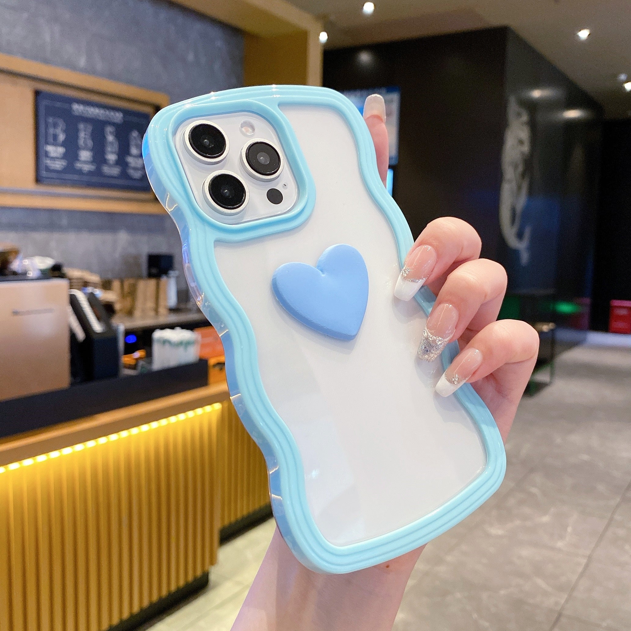 Cute Clear 3D Love Blue Heart Wavy Frame Silicon Phone Cases