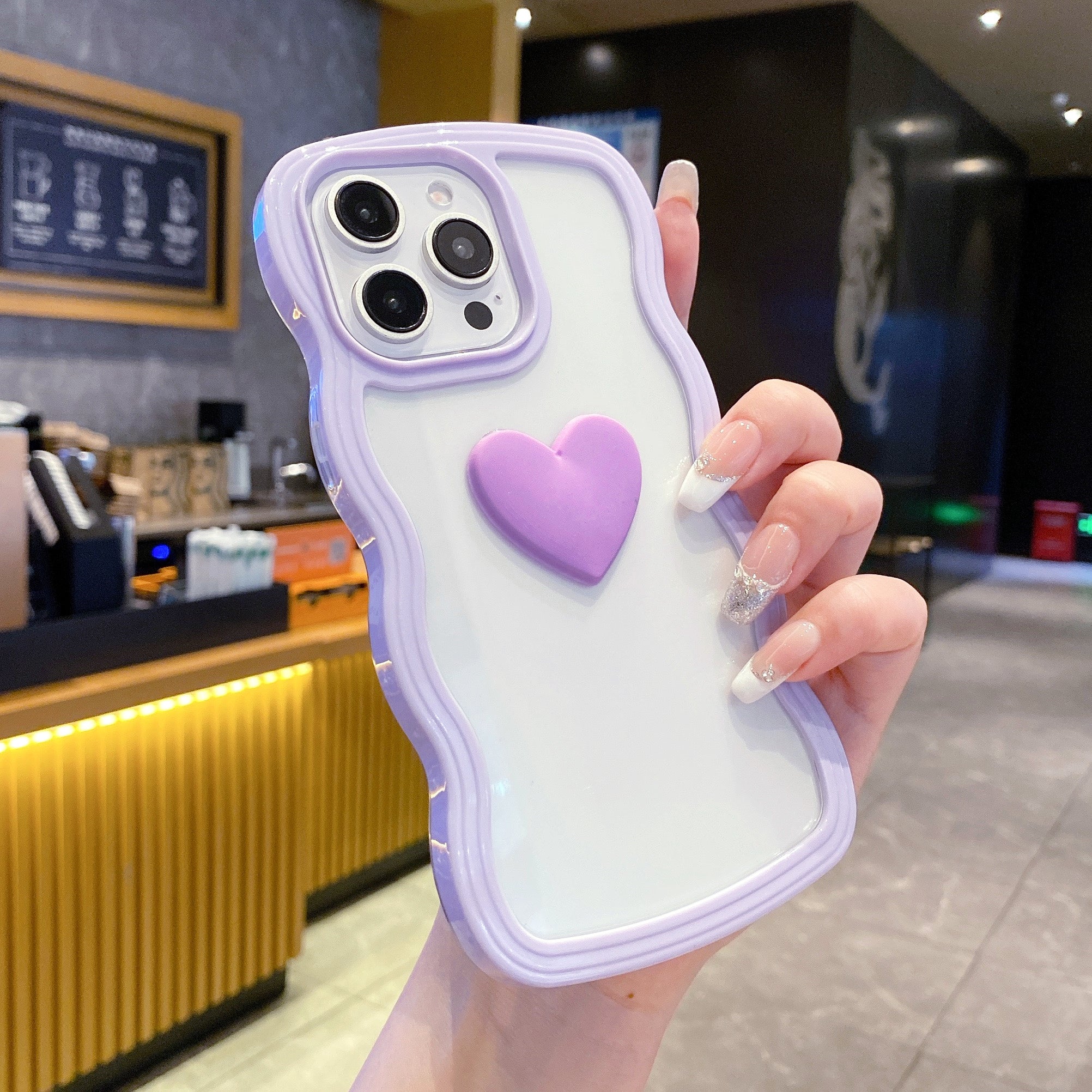 Cute Clear 3D Love Purple Heart Wavy Frame Silicon Phone Cases For iPhone 13 Pro Max
