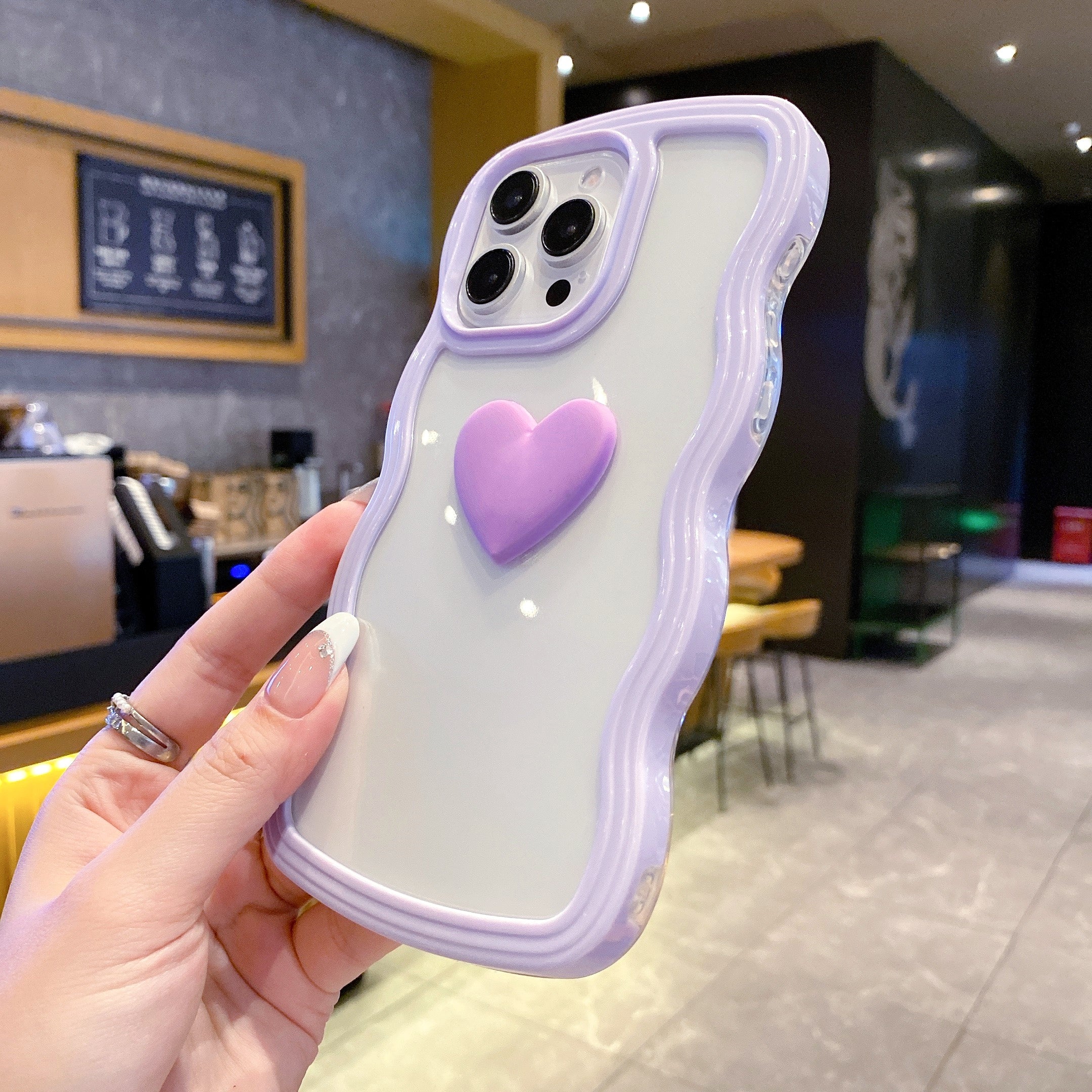 Cute Clear 3D Love Purple Heart Wavy Frame Silicon Phone Cases For iPhone 13 Pro Max