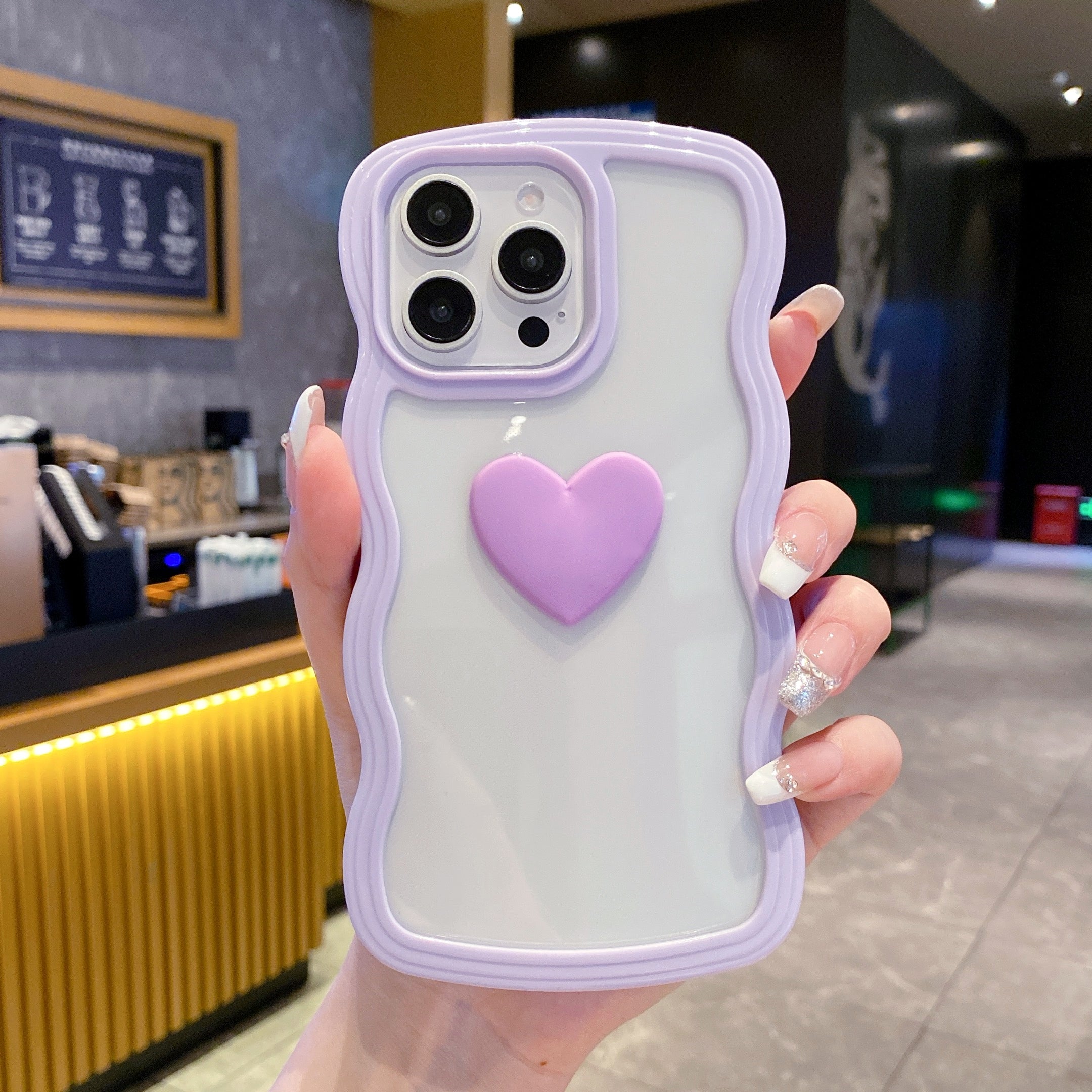 Cute Clear 3D Love Purple Heart Wavy Frame Silicon Phone Cases For iPhone 13 Pro Max