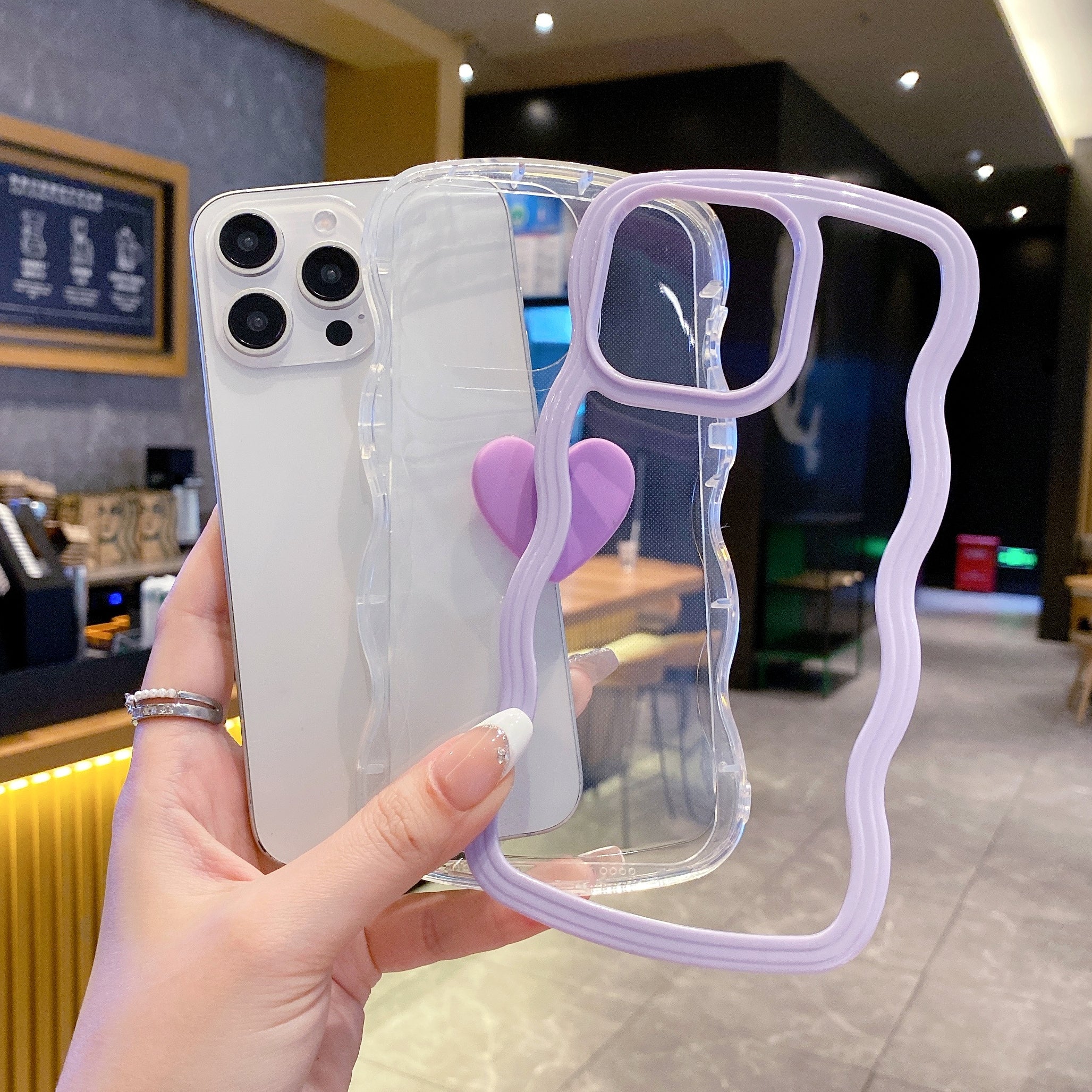 Cute Clear 3D Love Purple Heart Wavy Frame Silicon Phone Cases For iPhone 13 Pro Max