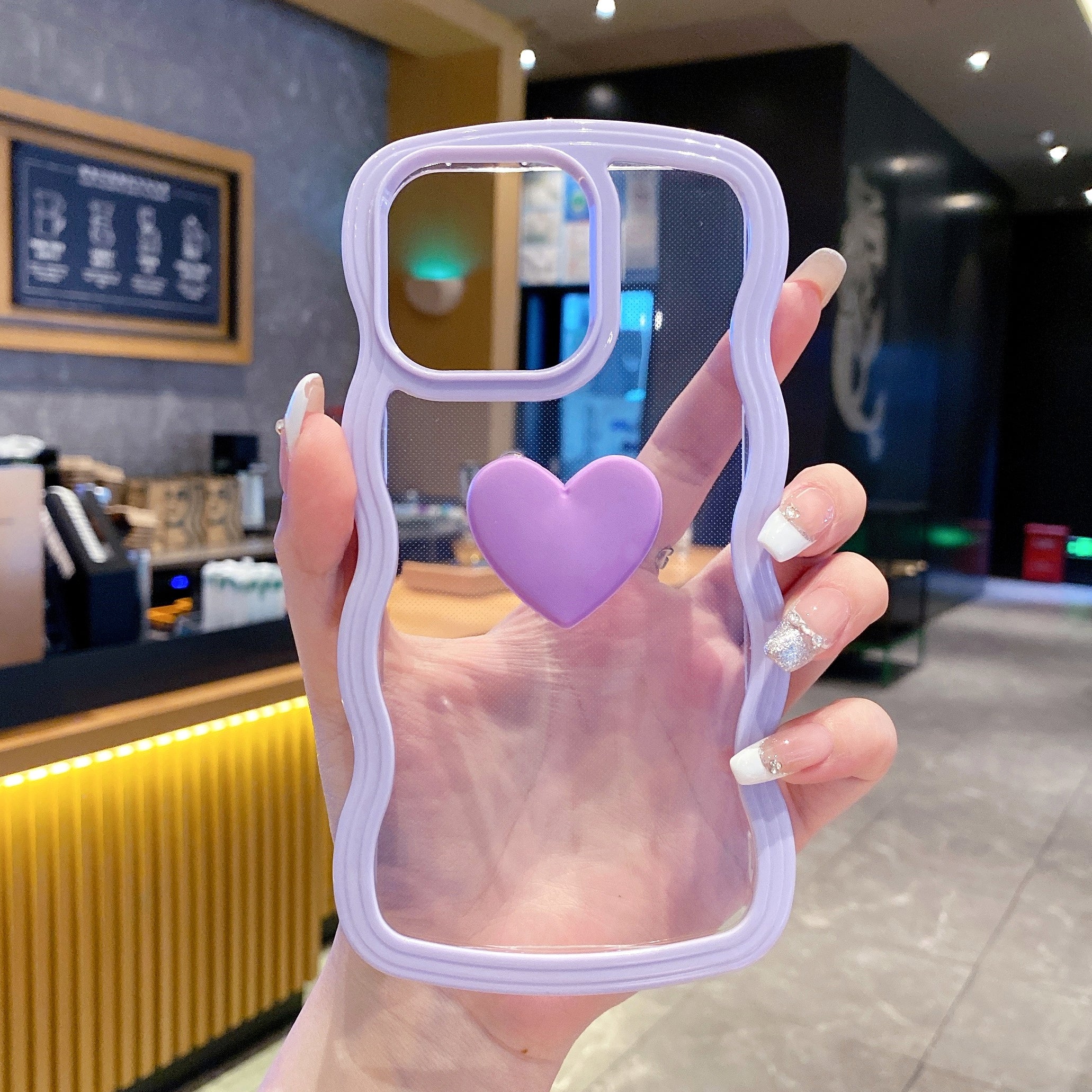 Cute Clear 3D Love Purple Heart Wavy Frame Silicon Phone Cases For iPhone 13 Pro Max