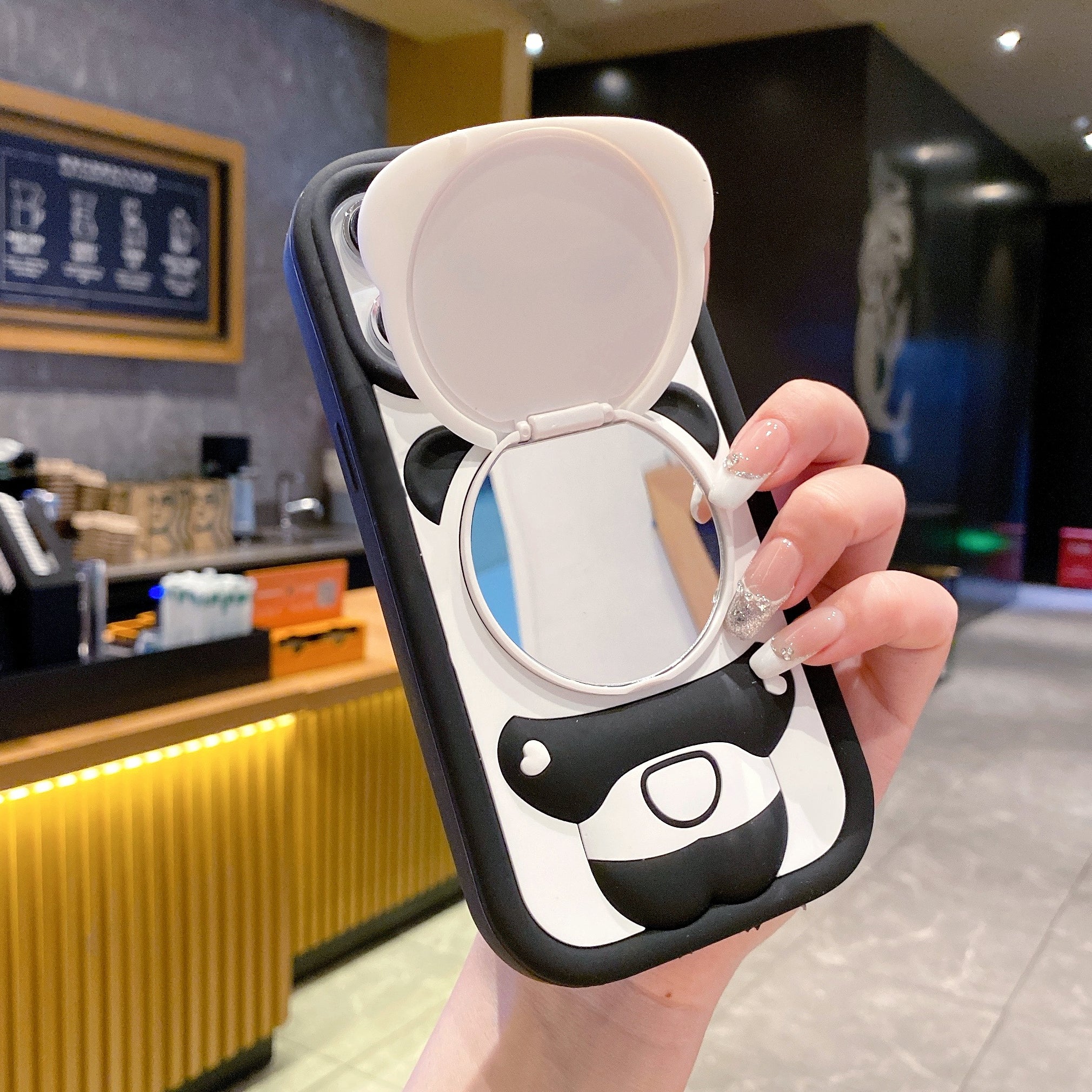 Cute Panda With Mirror Stand Silicon Phone Case For iPhone 16 Pro Max