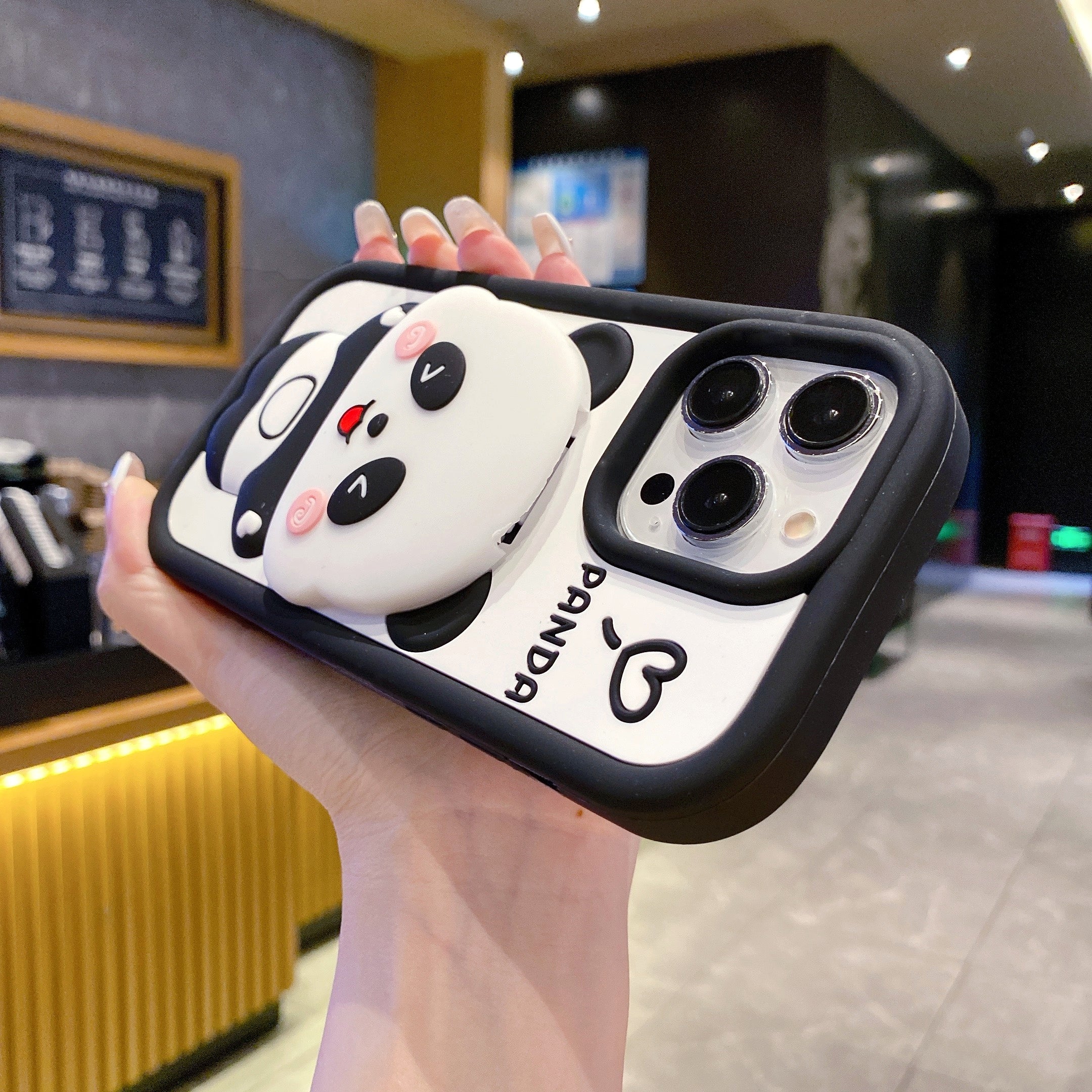 Cute Panda With Mirror Stand Silicon Phone Case For iPhone 16 Pro Max