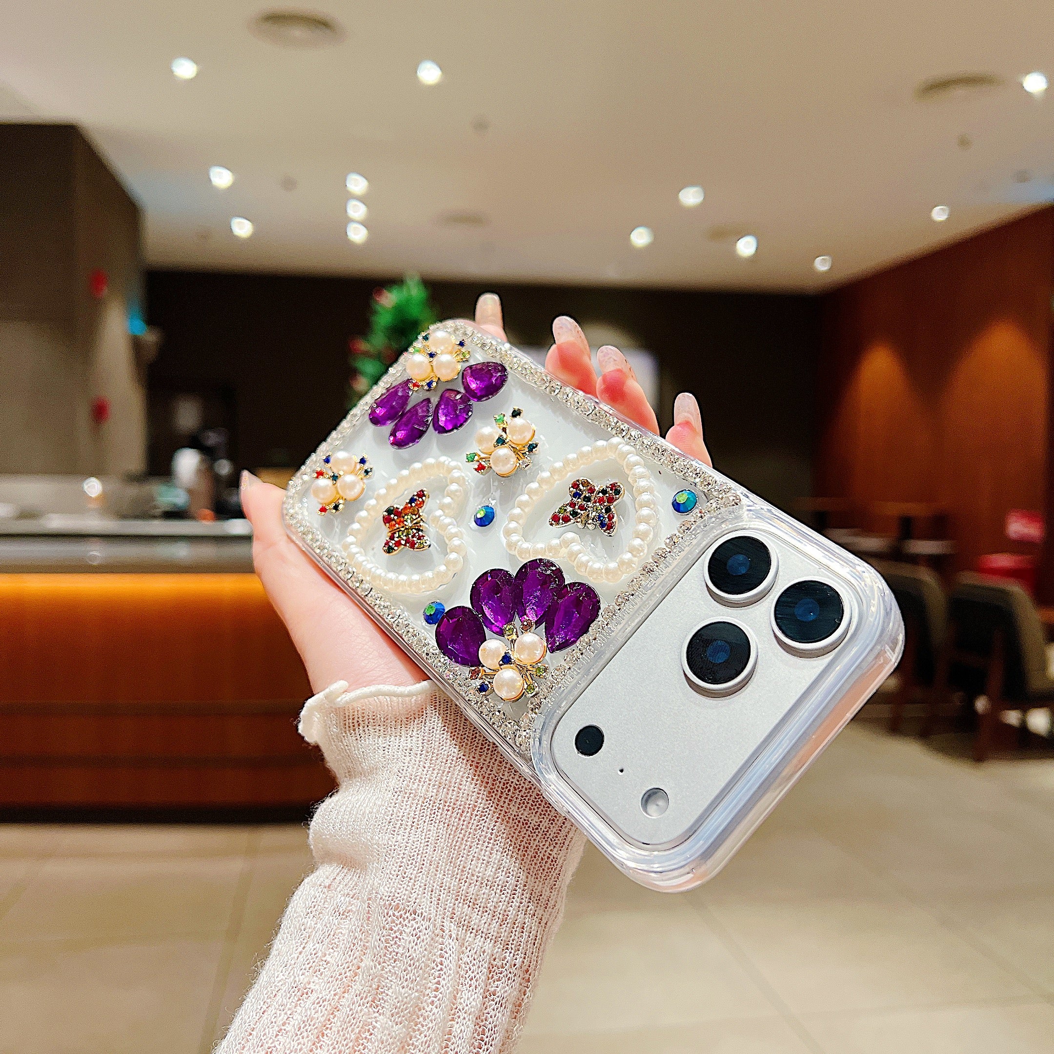 Royal Amethyst Flower Phone Case – Sparkly Diamond & Pearl 3D Floral Design For iPhone 11 Pro Max