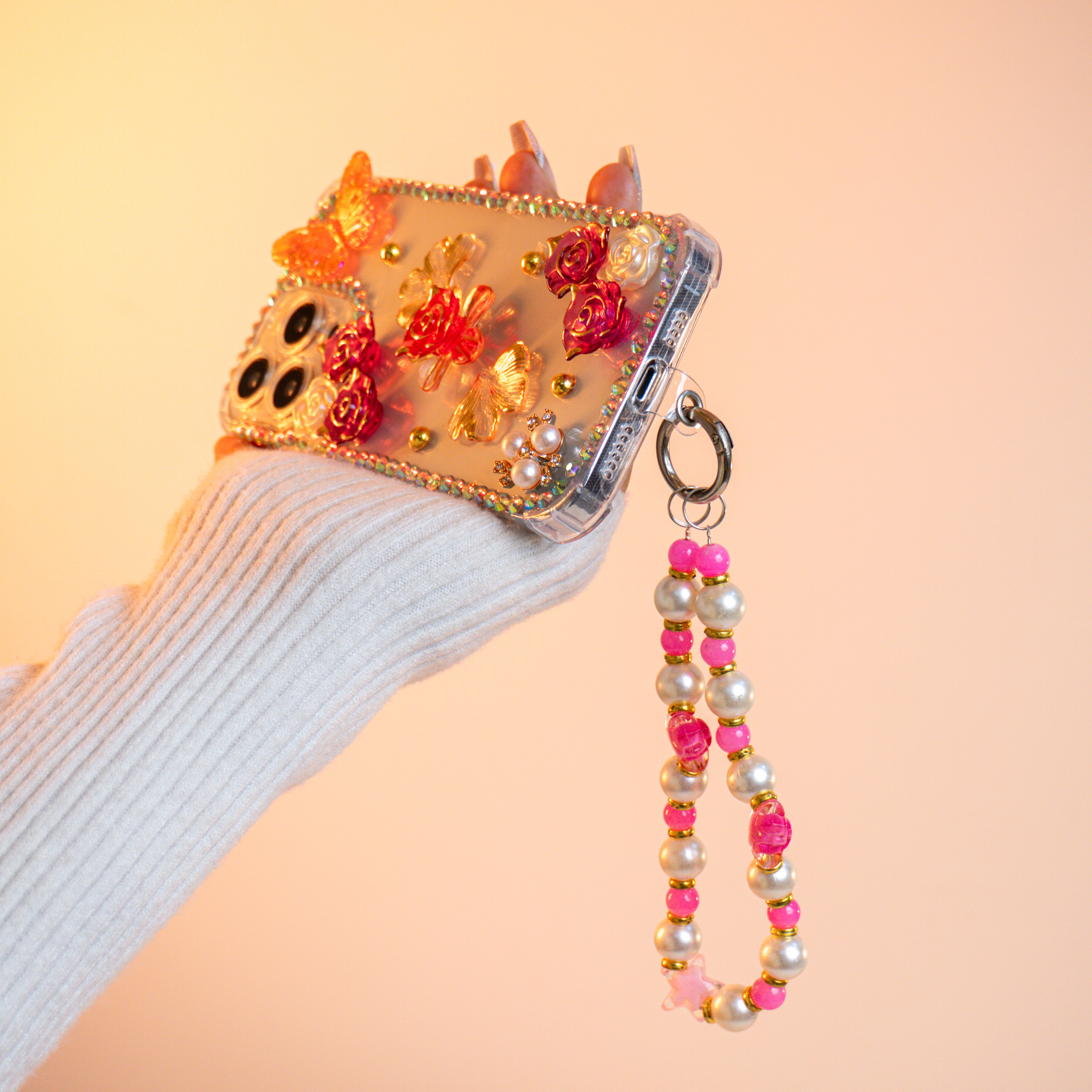 Luxury 3D Floral Butterfly Phone Case with Pearl Strap Silicon Phone Case For iPhone 11 Pro