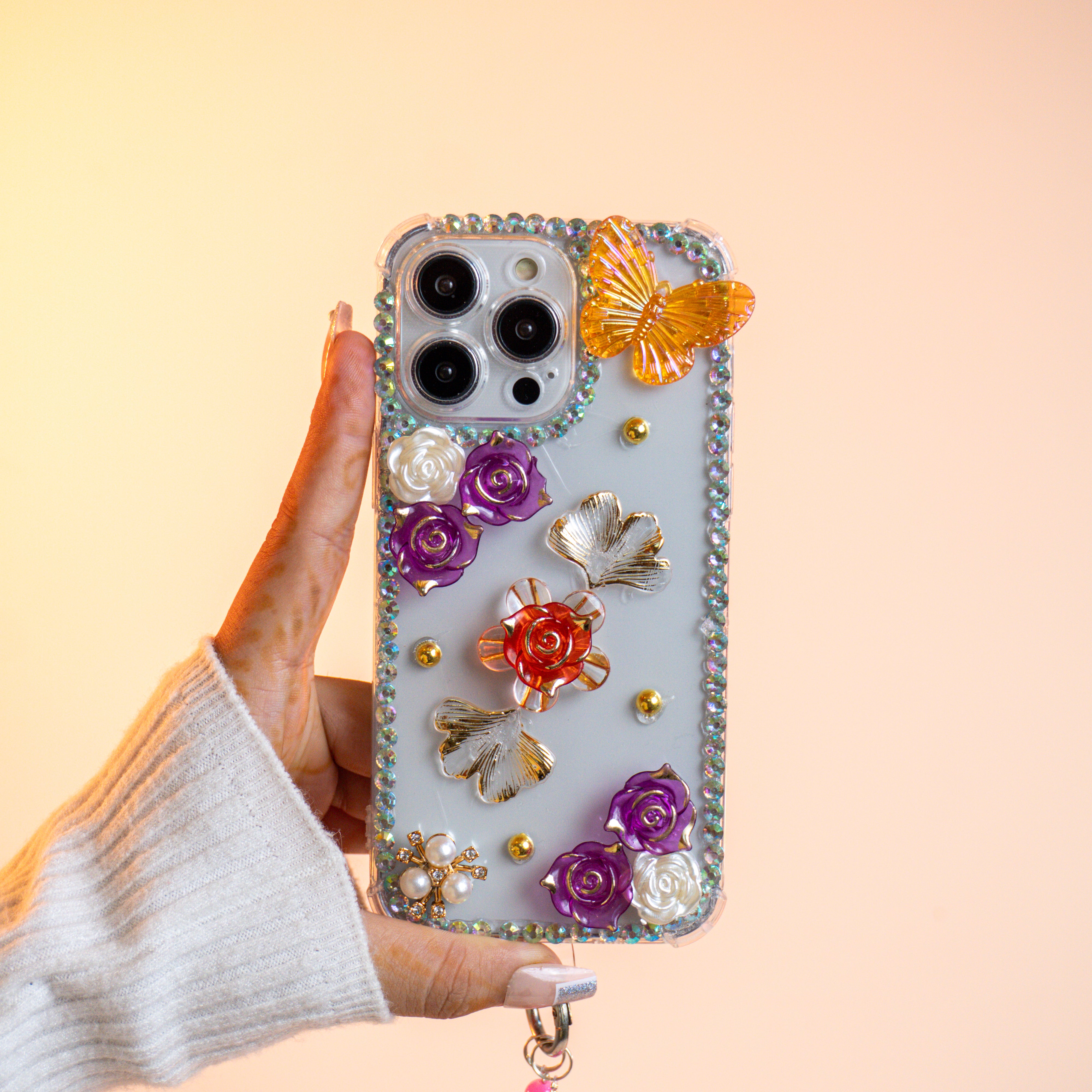 Luxury 3D Floral Butterfly Phone Case with Pearl Strap Silicon Phone Case For iPhone 15